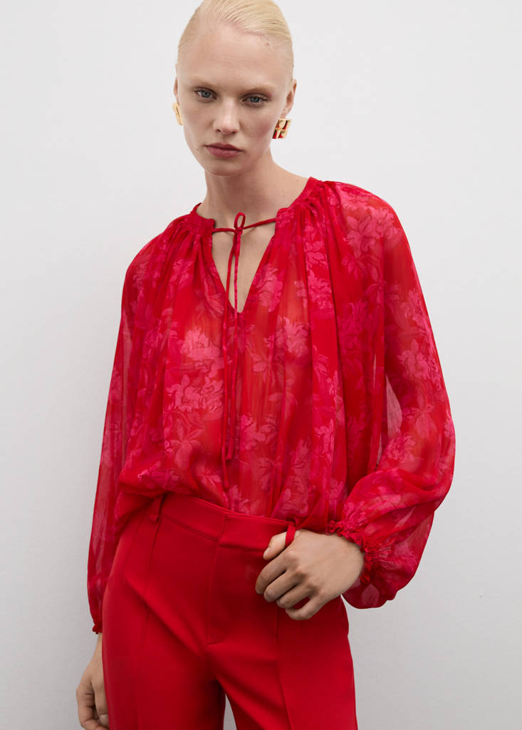 Semi-transparent floral-print blouse — Red