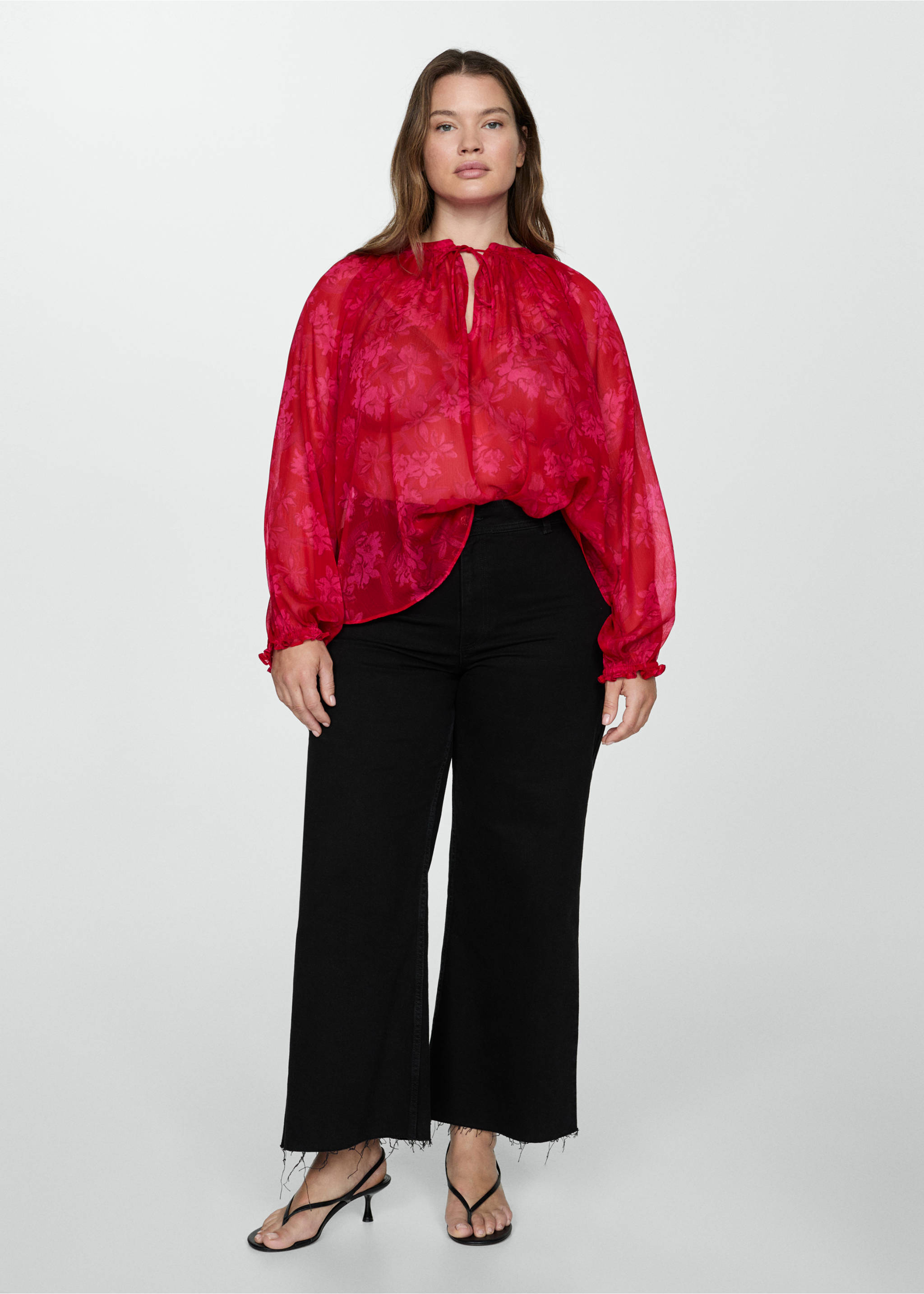 Semi-transparent floral-print blouse - Details of the article 3, Red. Ref: 77034024-00.