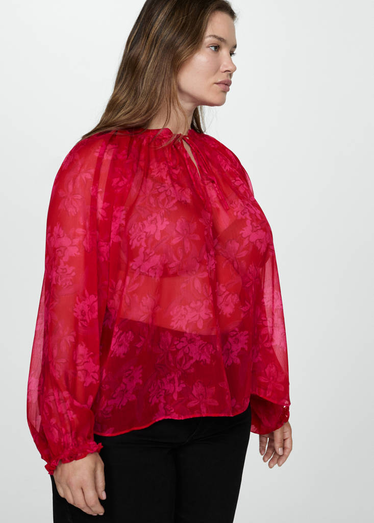 Semi-transparent floral-print blouse — Red