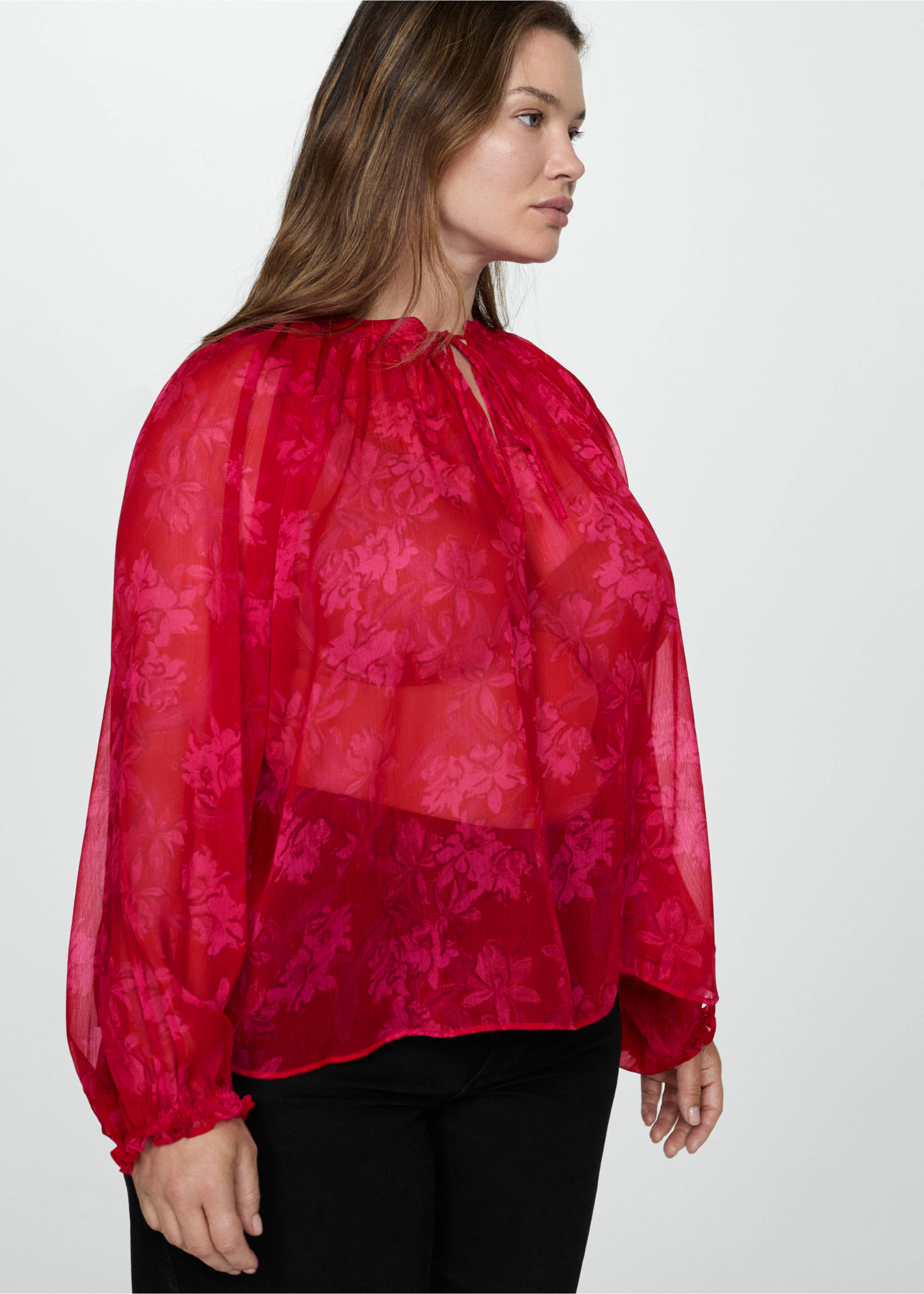 Semi-transparent floral-print blouse - Details of the article 5, Red. Ref: 77034024-00.