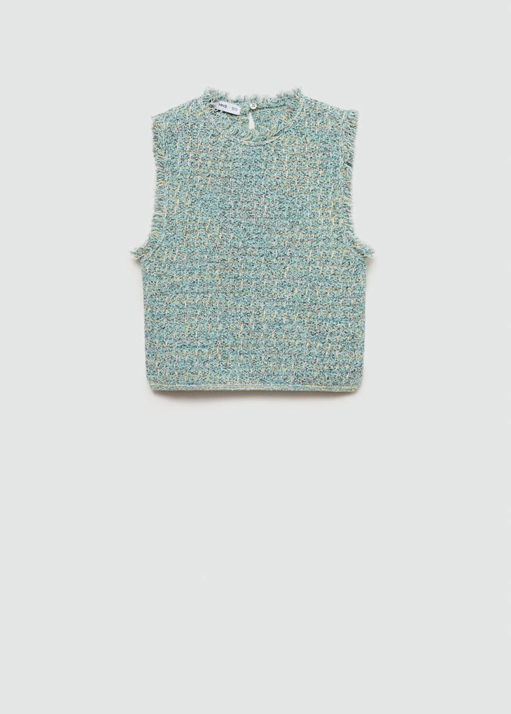 Tweed top with frayed detail — Aqua Green