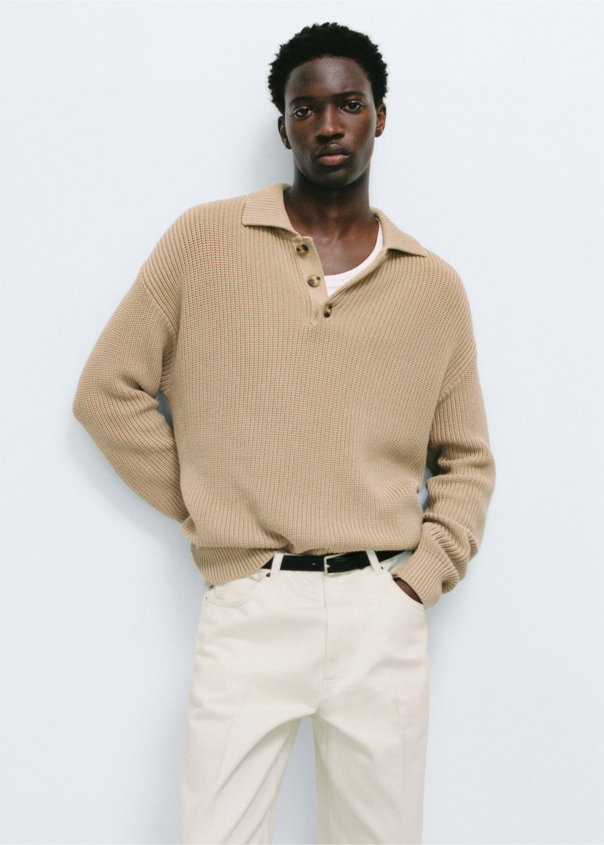 Chunky ribbed polo sweater - Details of the article 5, Light/Pastel Grey. Ref: 77034446-00.