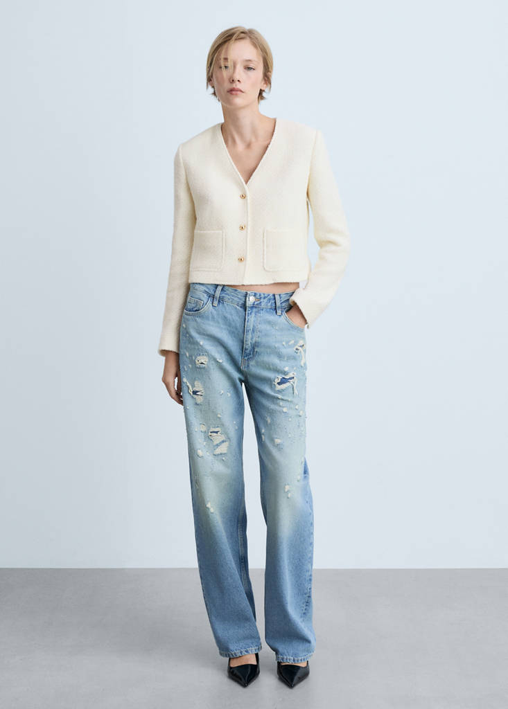 V-neck tweed jacket — Ecru