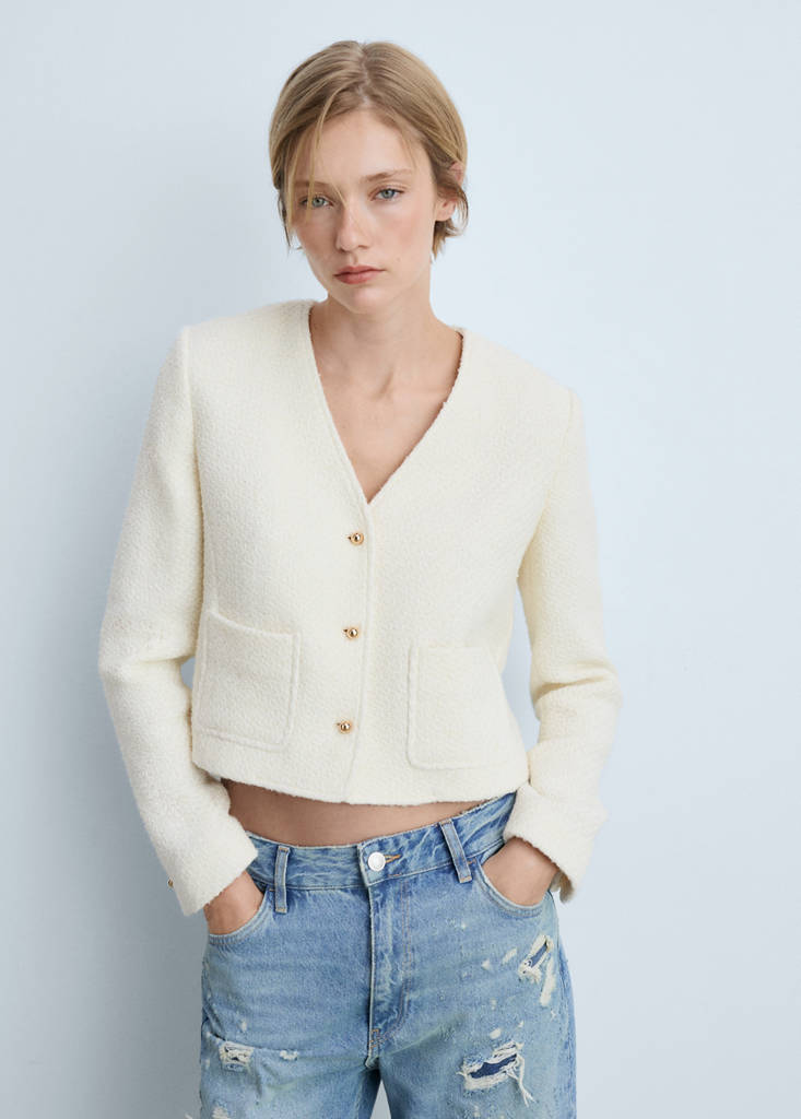 V-neck tweed jacket — Ecru