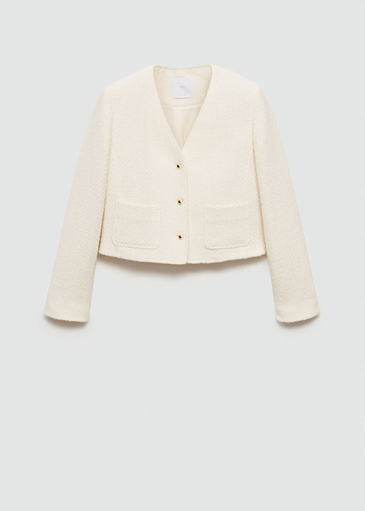 V-neck tweed jacket — Ecru