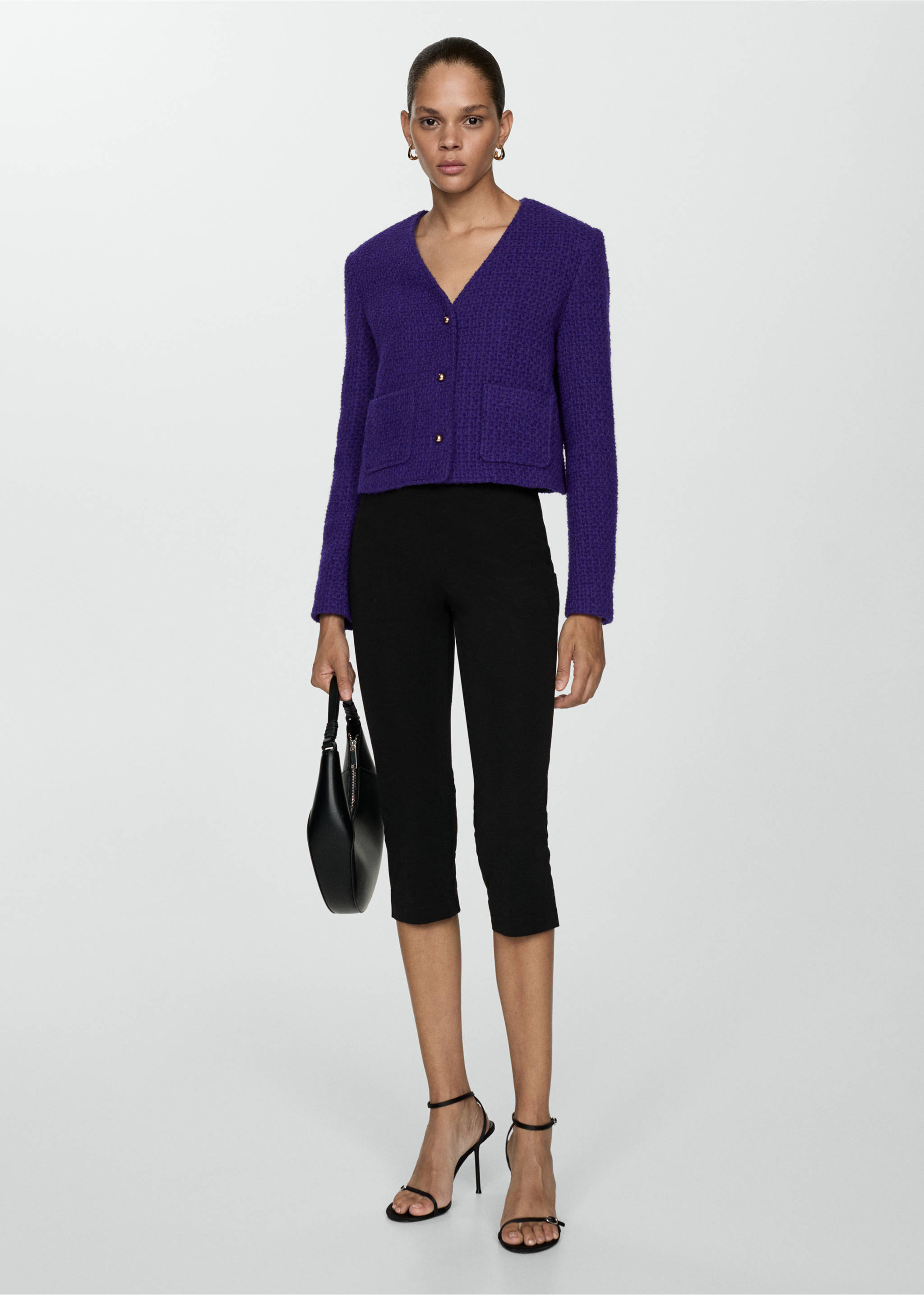 Chaqueta tweed cuello pico - Plano general, Morado. Ref: 77034794-00.
