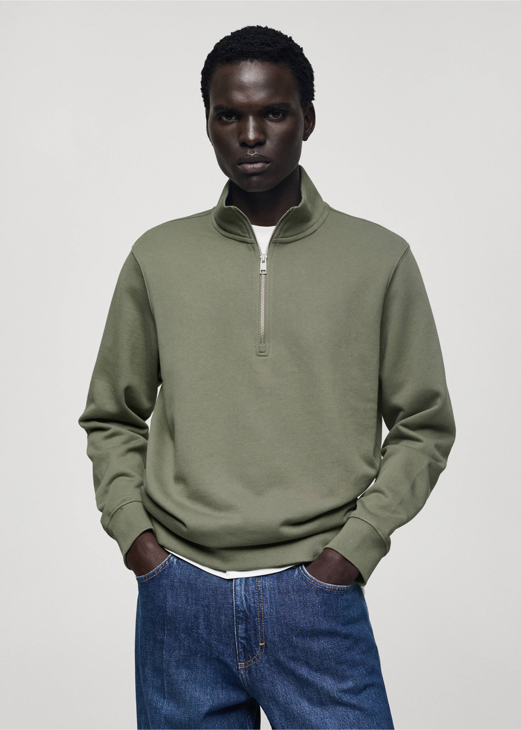 Sudadera algodón cremallera - Plano medio, Verde medio. Ref: 77035151-00.