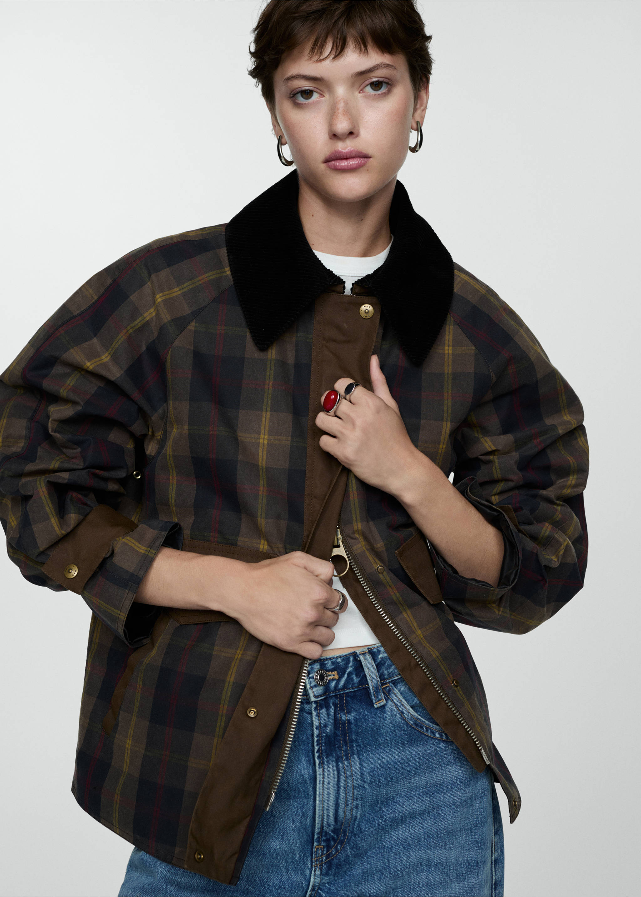 Check parka with contrasting collar - Medium plane, Dark Navy. Ref: 77035633-00.