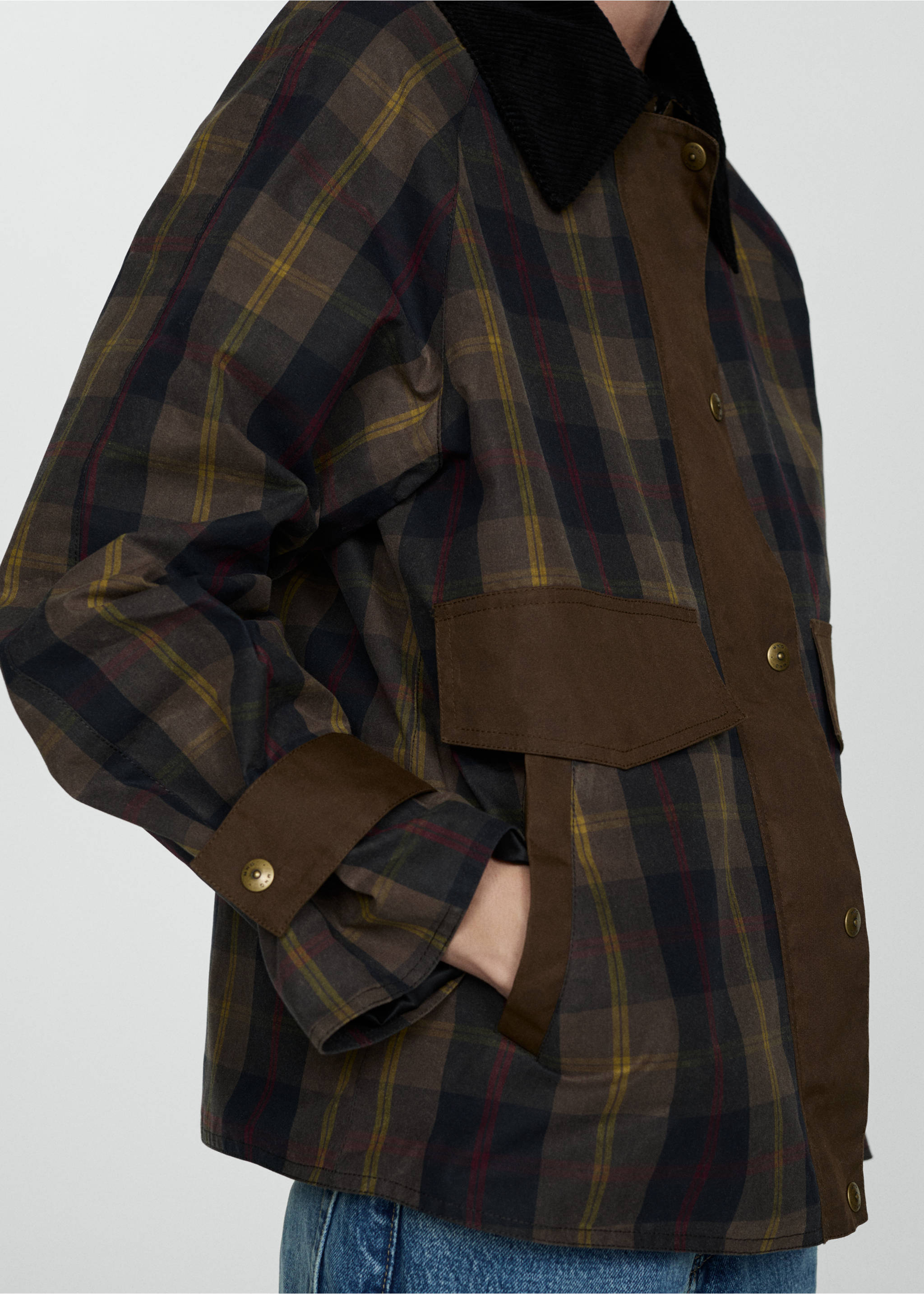 Check parka with contrasting collar - Details of the article 3, Dark Navy. Ref: 77035633-00.