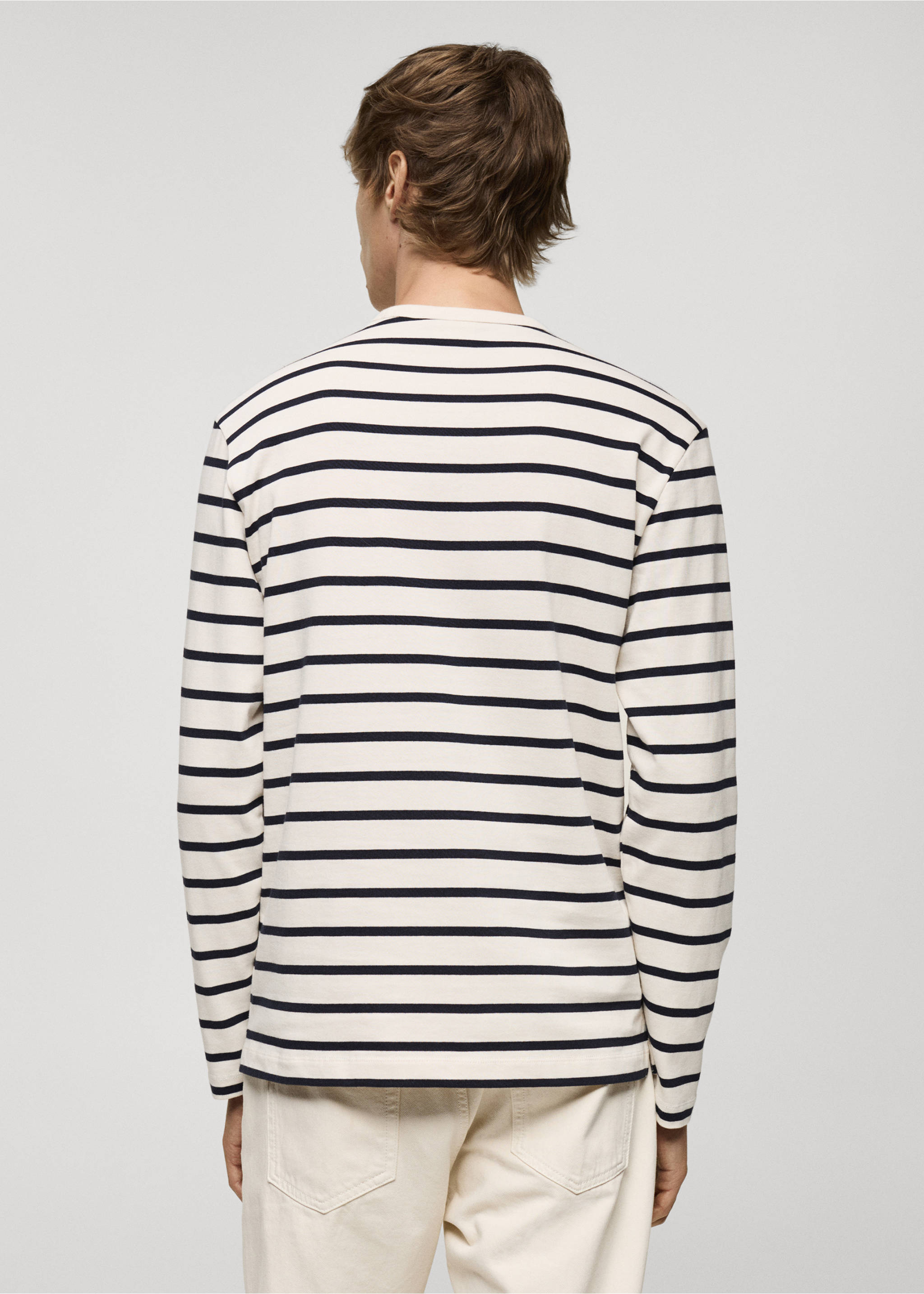 Back view of a striped long-sleeved t-shirt in navy and off-white., Ecru. Ref: 77035975-00.