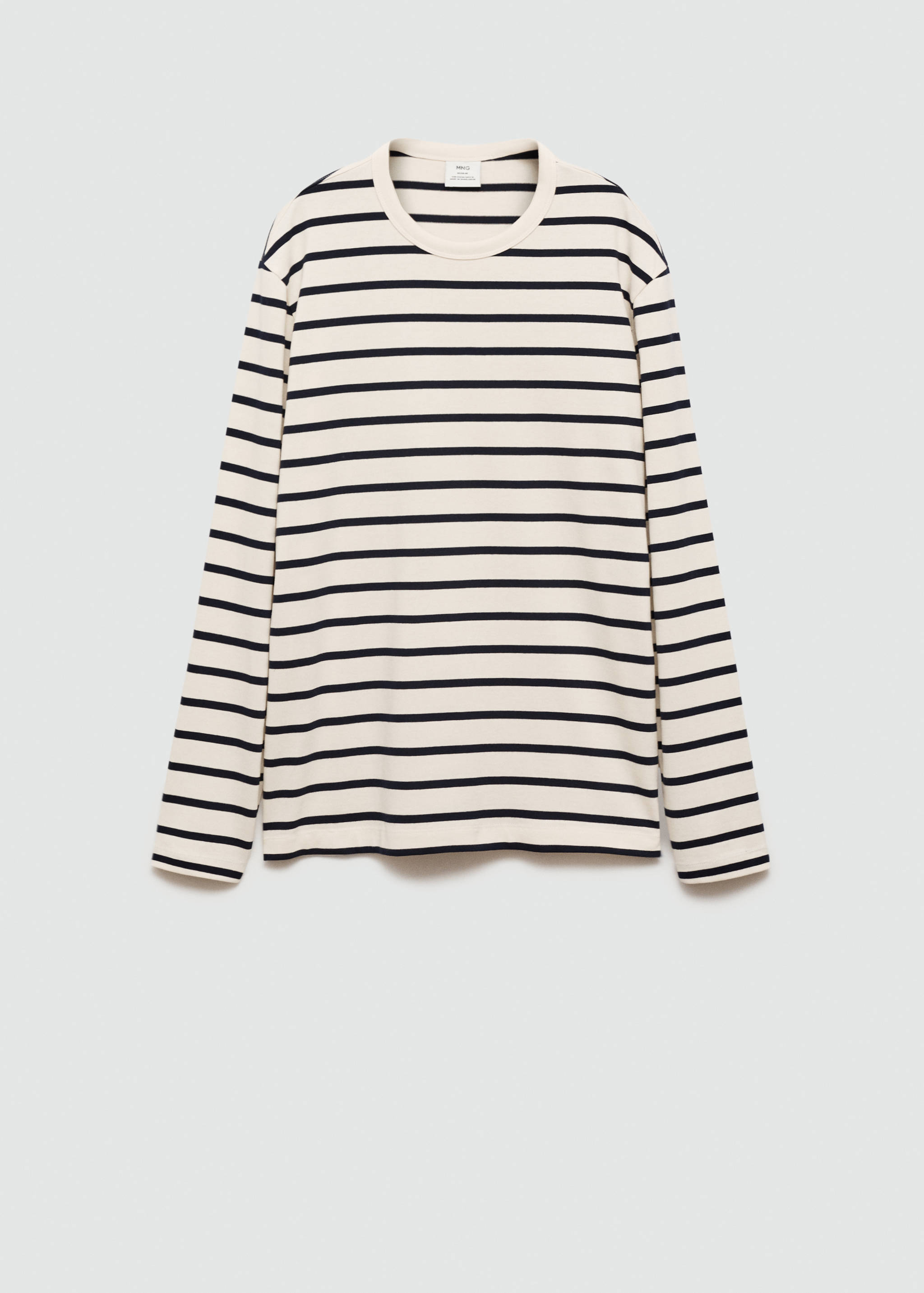 Men's cream and black striped long-sleeve t-shirt with a crew neck.