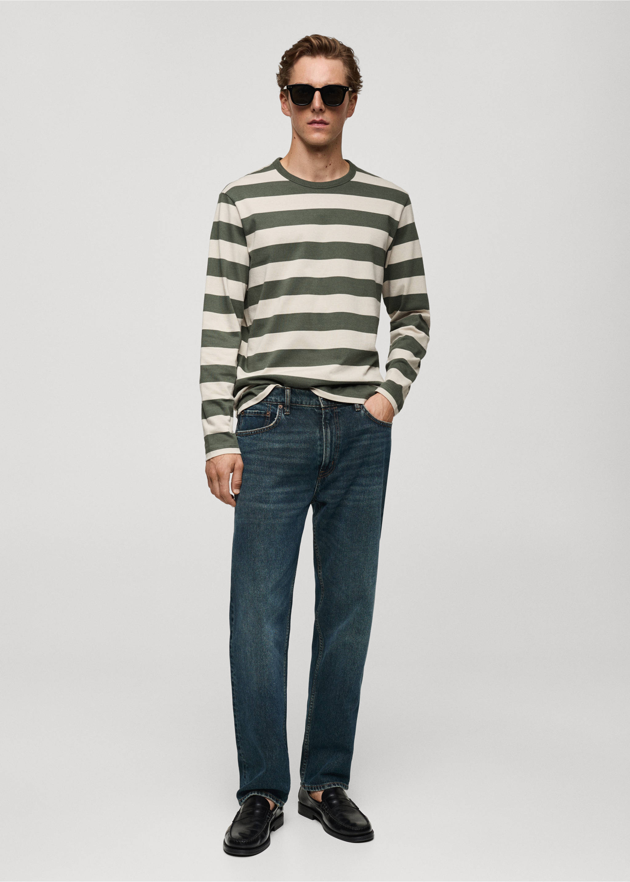 Green and off-white striped long-sleeved t-shirt with a crew neck., Forest Green. Ref: 77035975-00.