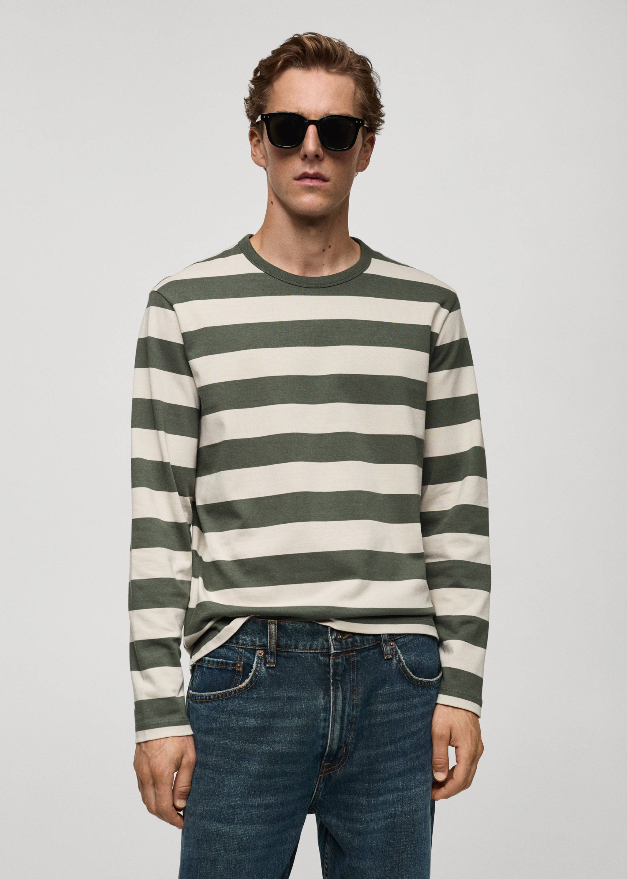 Green and off-white striped long-sleeved t-shirt with a crew neck., Forest Green. Ref: 77035975-00.