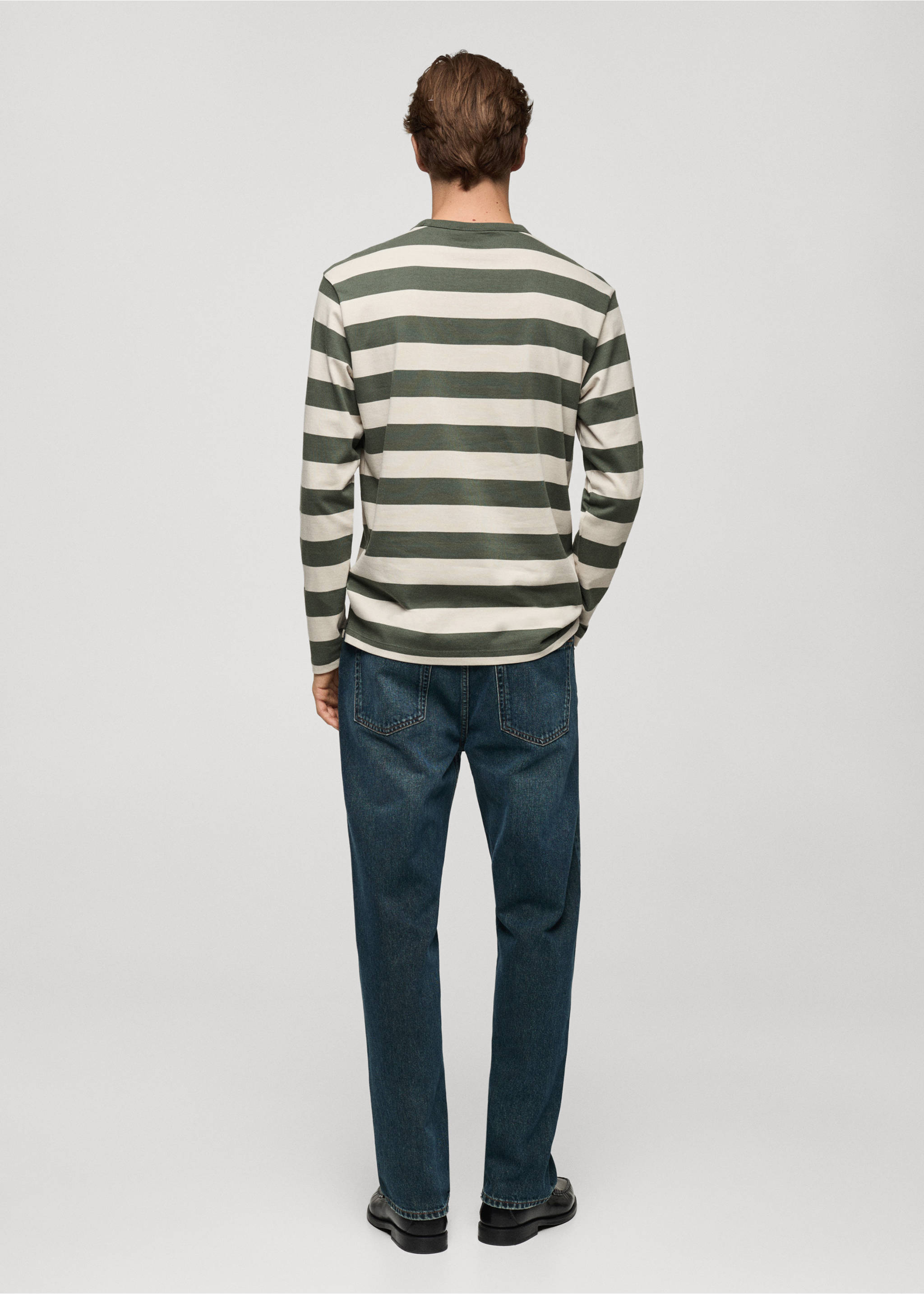 Back view of a striped long-sleeved t-shirt in dark green and off-white., Forest Green. Ref: 77035975-00.