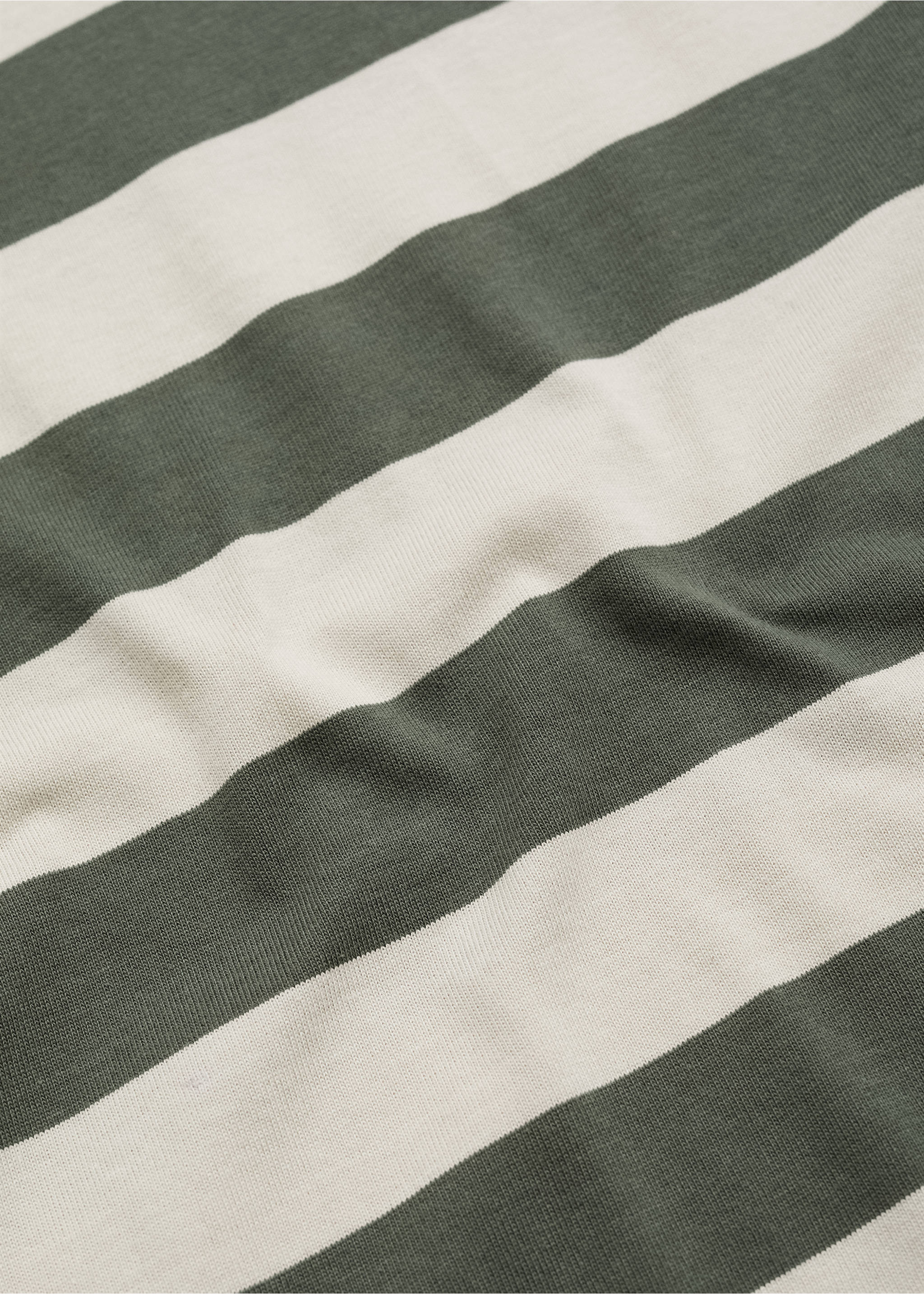 Close-up of a men's t-shirt fabric with wide dark green and off-white stripes., Forest Green. Ref: 77035975-00.