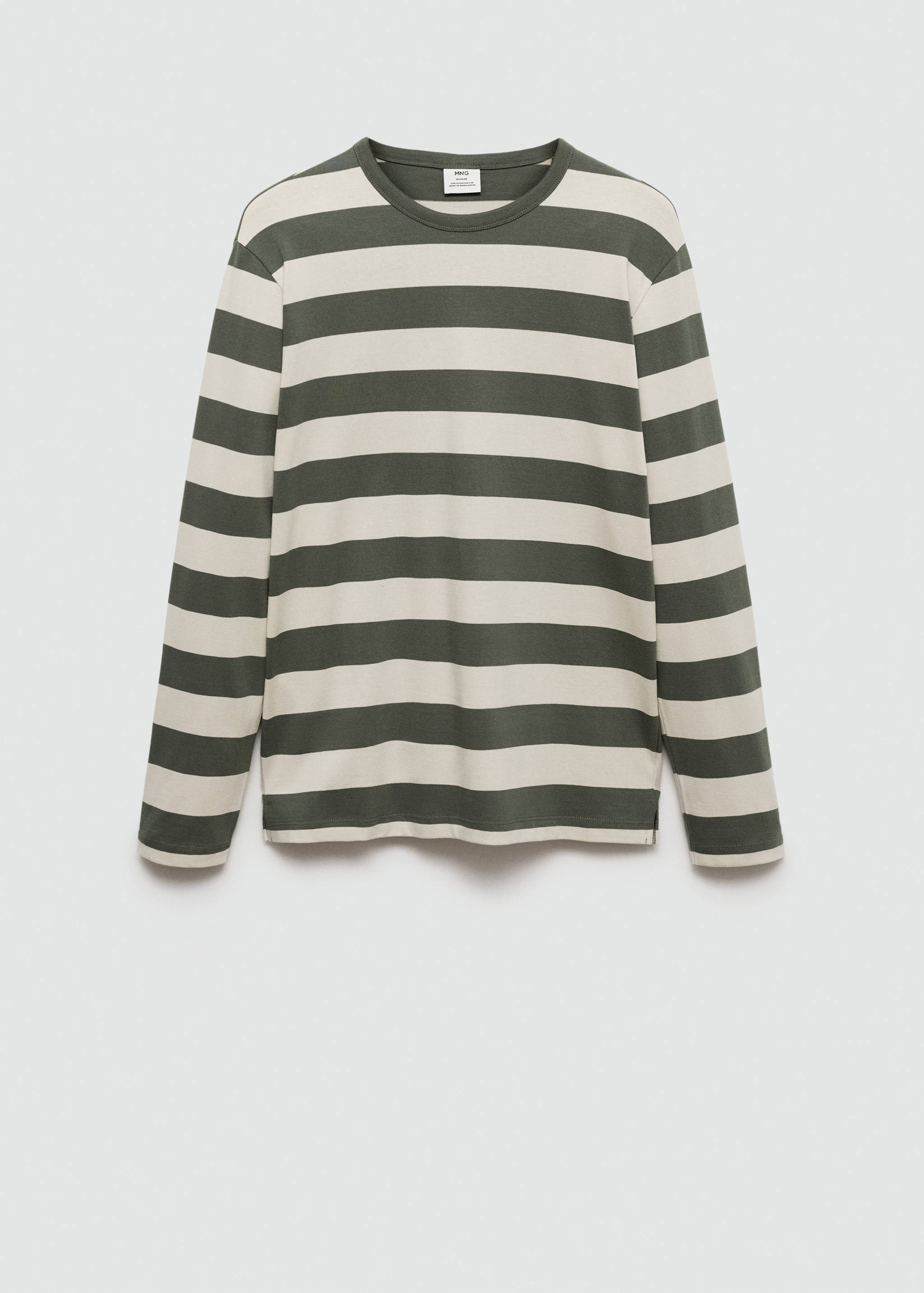 Green and off-white striped long-sleeve t-shirt.