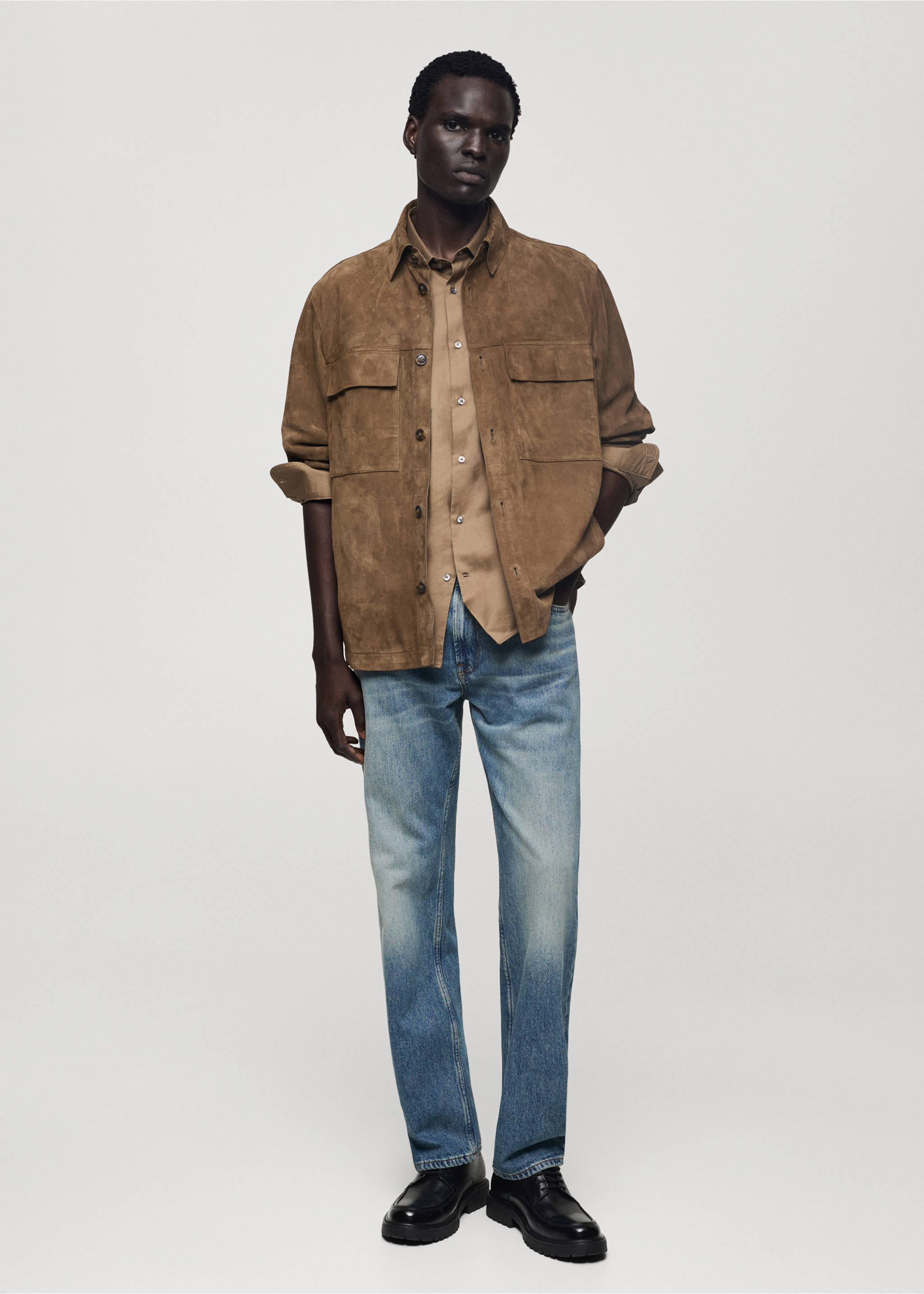 Jeans straight fit efecto desgastado - Plano general, Azul medio vintage. Ref: 77036003-00.
