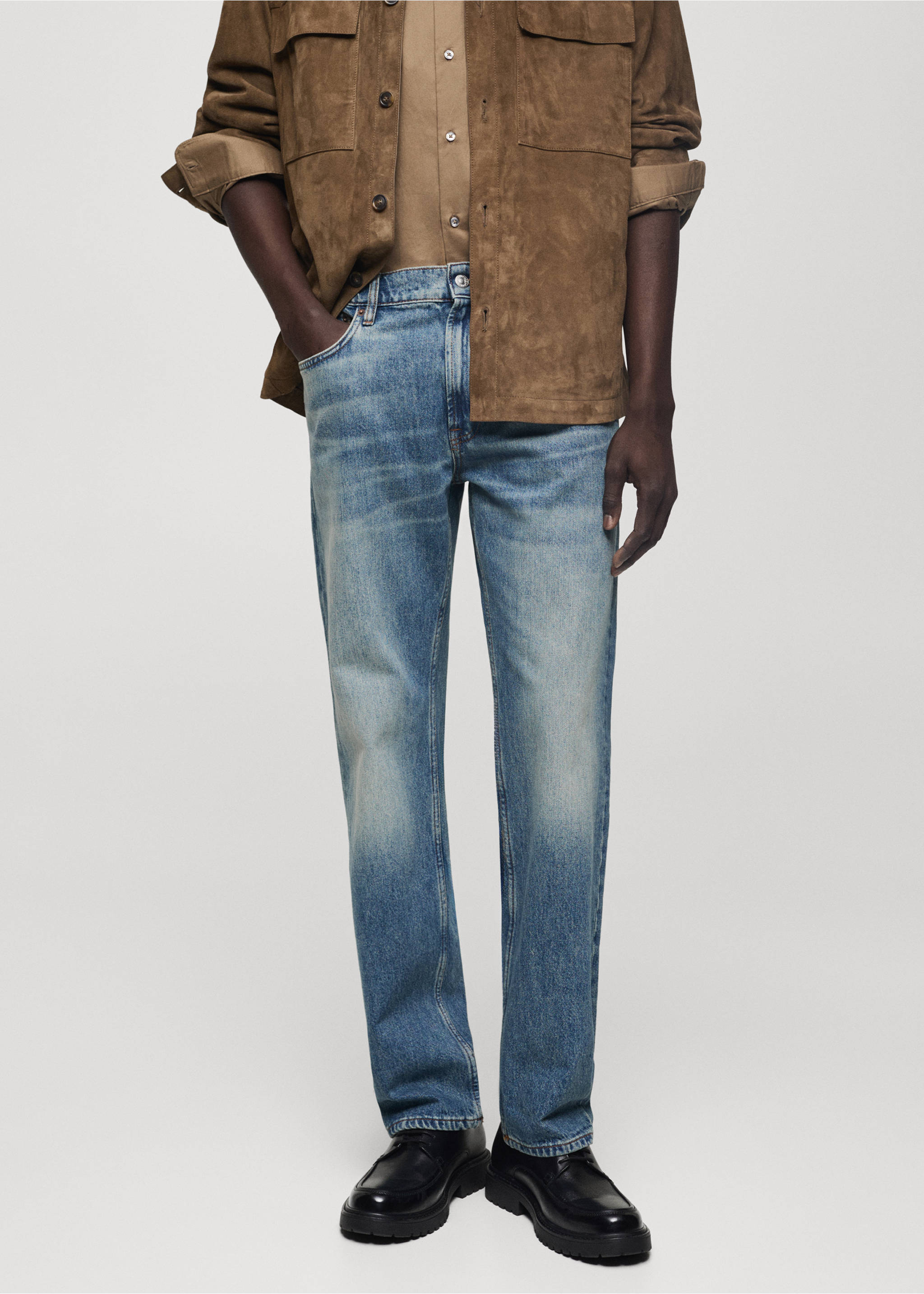 Jeans straight fit efecto desgastado - Plano medio, Azul medio vintage. Ref: 77036003-00.