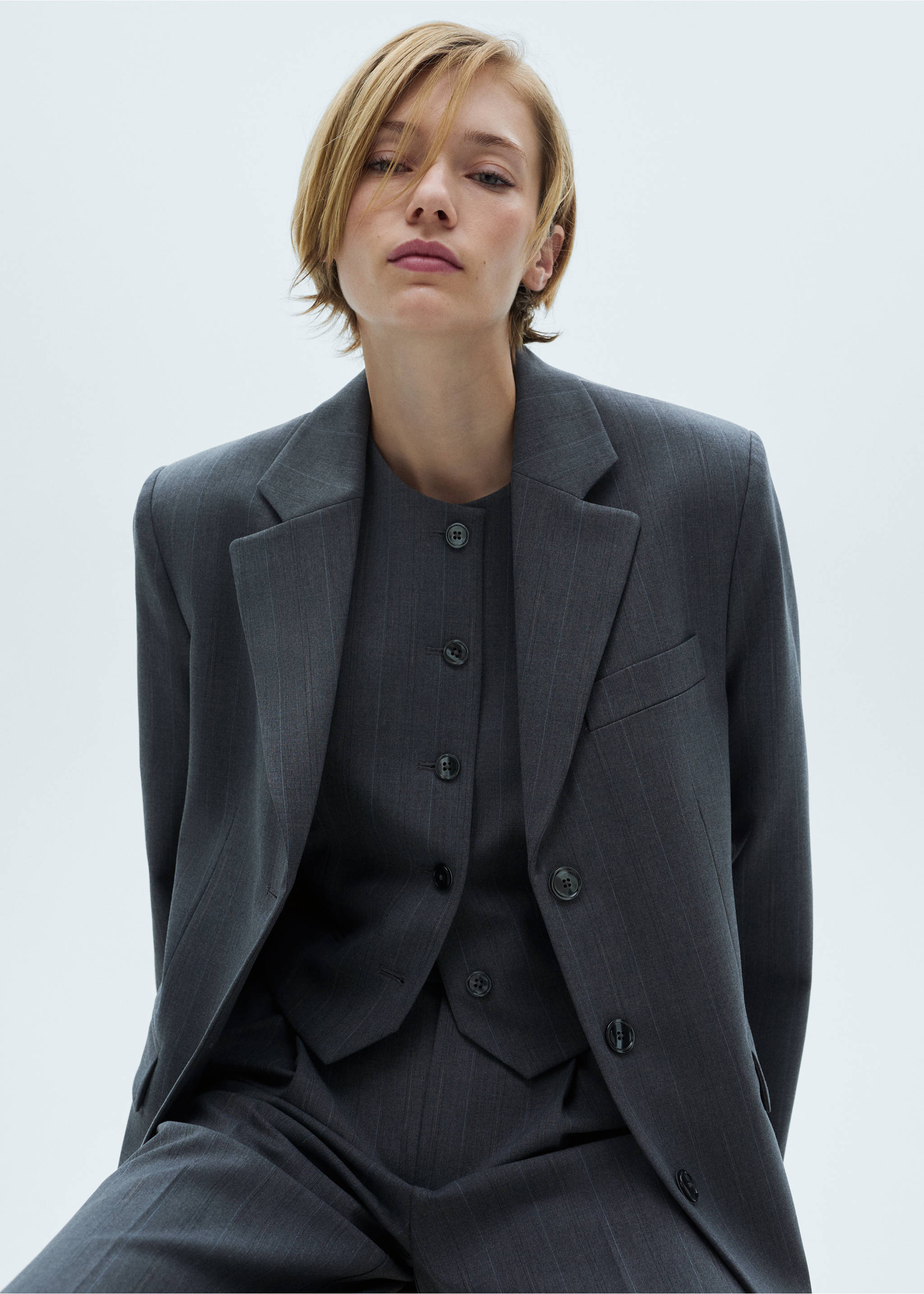 Pinstriped suit waistcoat - Details of the article 2, Grey. Ref: 77036725-00.