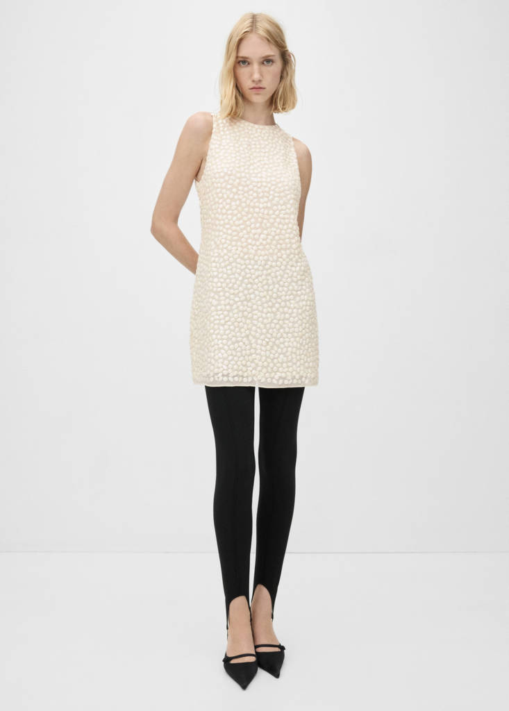 MANGO - Robe courte perles beige - L