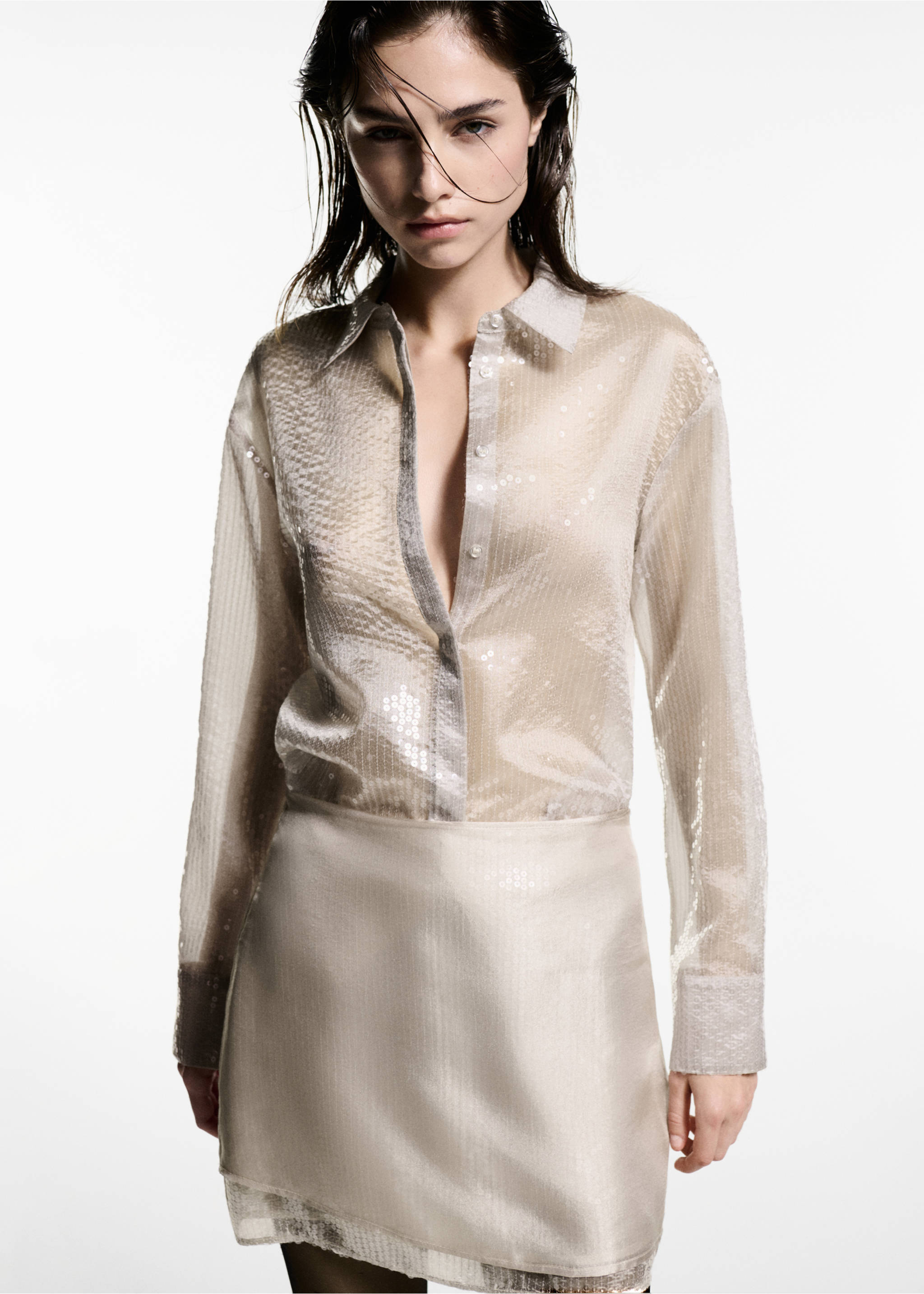 Semi-transparent sequined shirt - Medium plane, Ecru. Ref: 77039035-00.