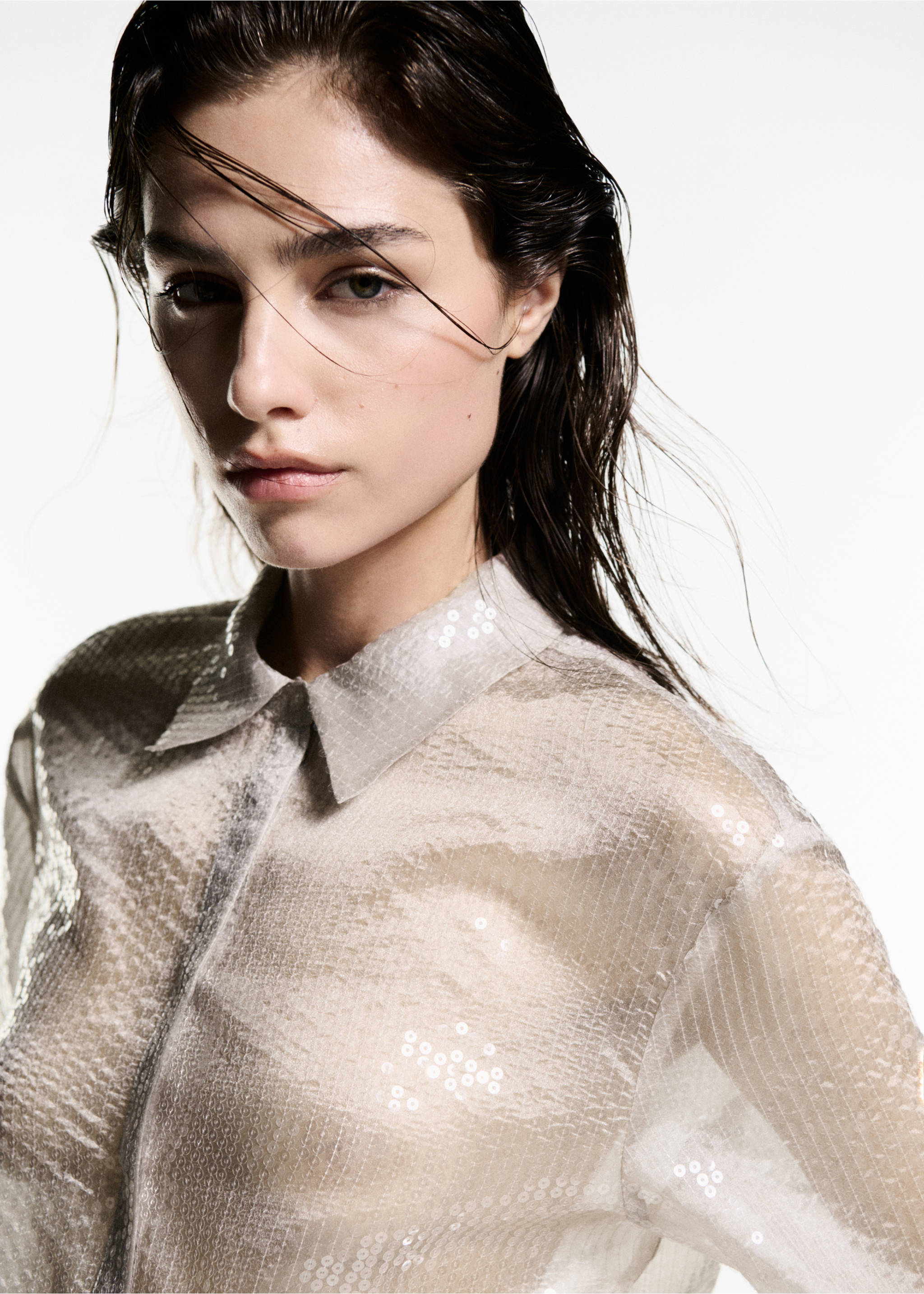 Semi-transparent sequined shirt - Details of the article 1, Ecru. Ref: 77039035-00.