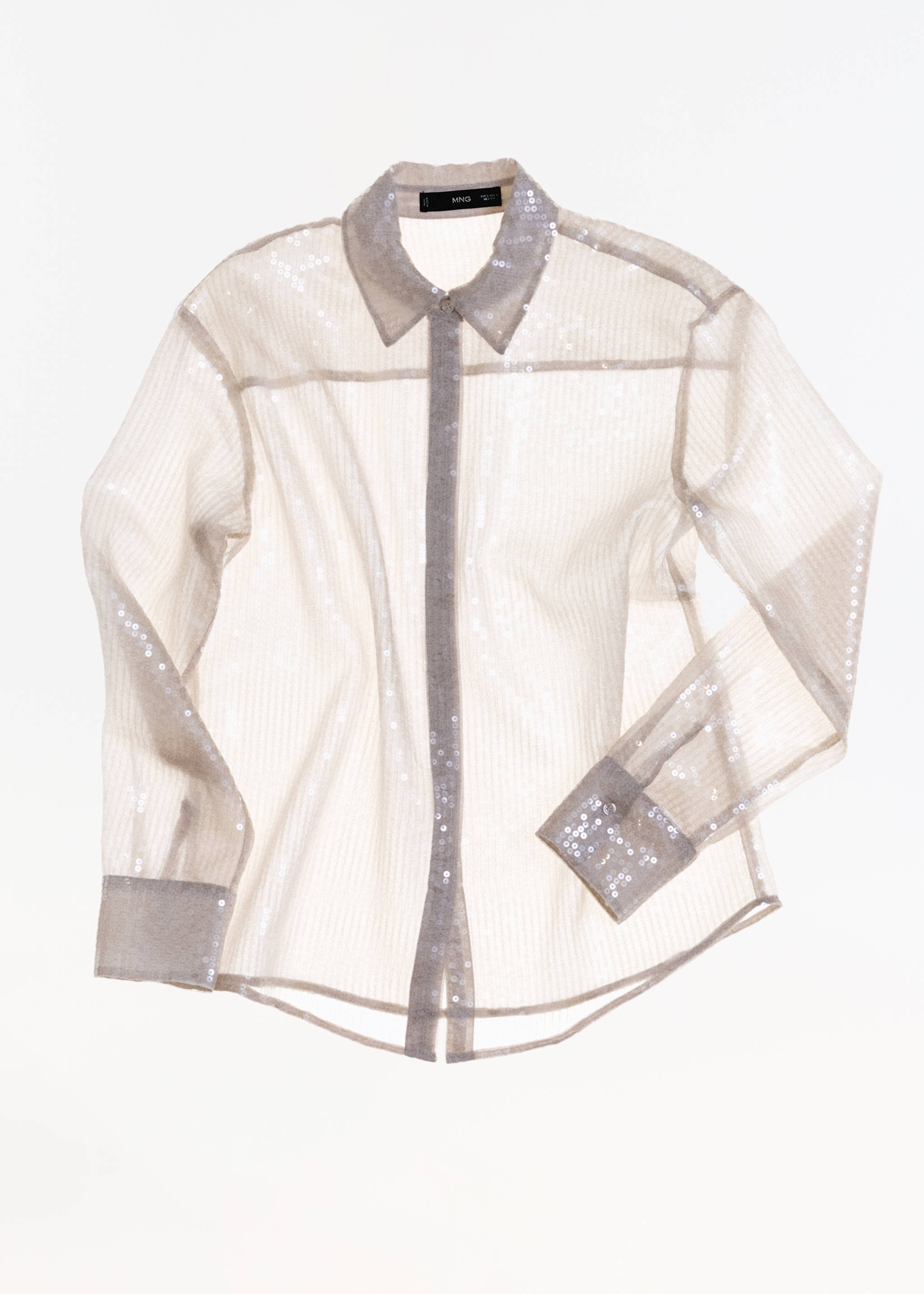 Semi-transparent sequined shirt - Details of the article 9, Ecru. Ref: 77039035-00.