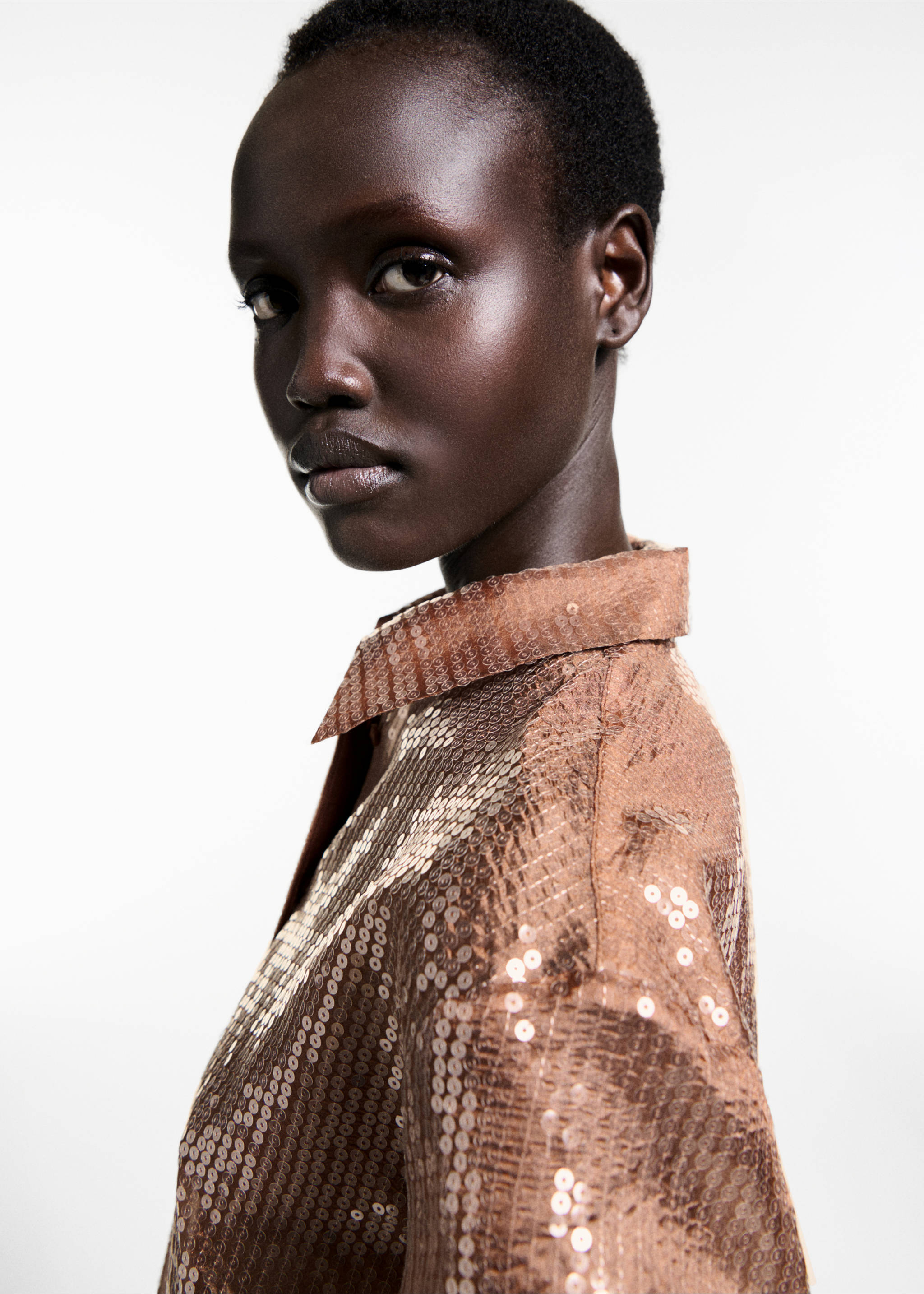 Semi-transparent sequined shirt - Details of the article 1, Brown. Ref: 77039035-00.