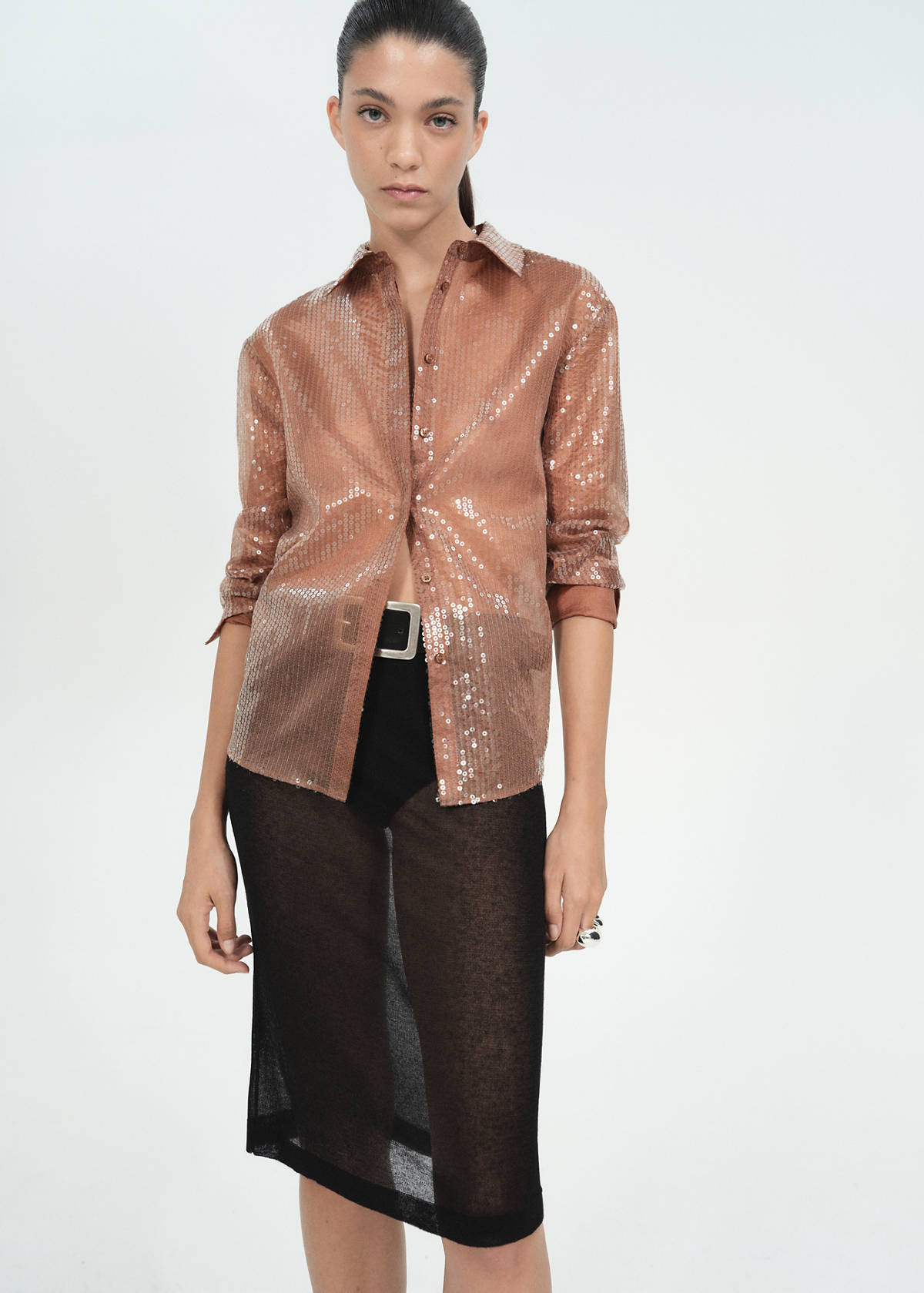 Semi-transparent sequined shirt — Brown