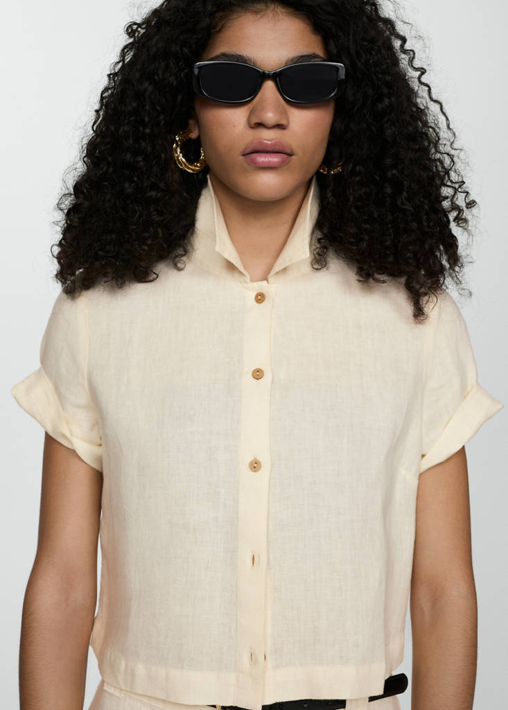 Short sleeve linen-blend shirt — Yellow