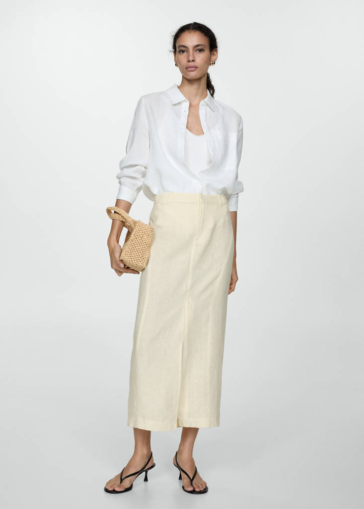 Linen skirt with slit — Pastel Yellow