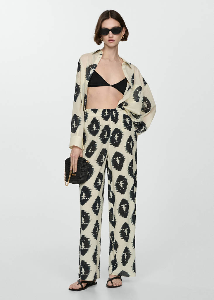 Wide leg printed trousers — Ecru
