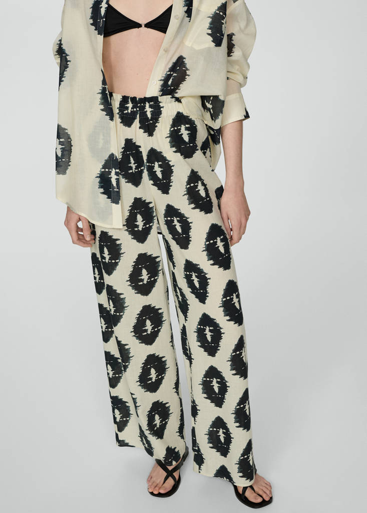 Wide leg printed trousers — Ecru
