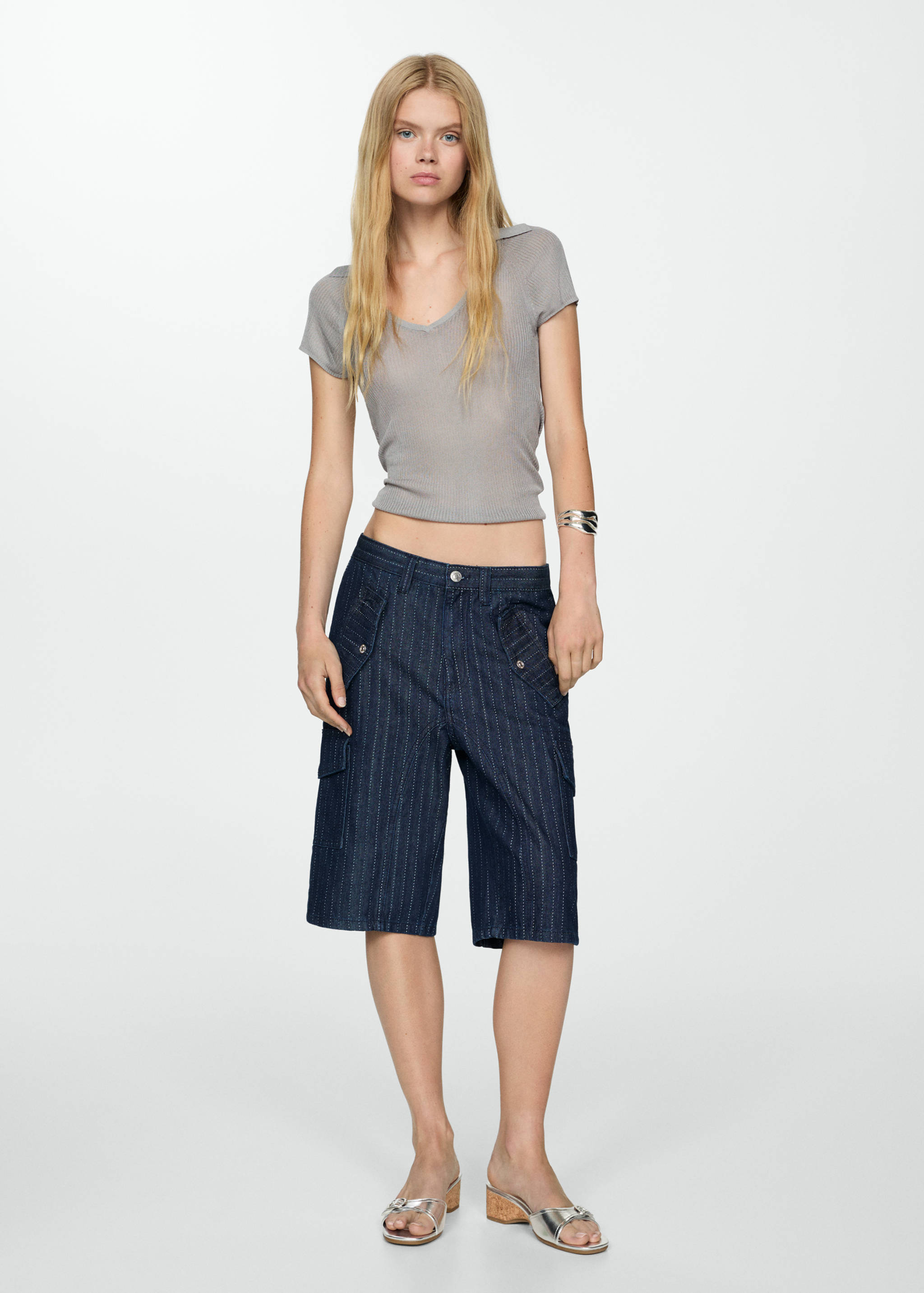 装饰性车缝牛仔布百慕大短裤 - null