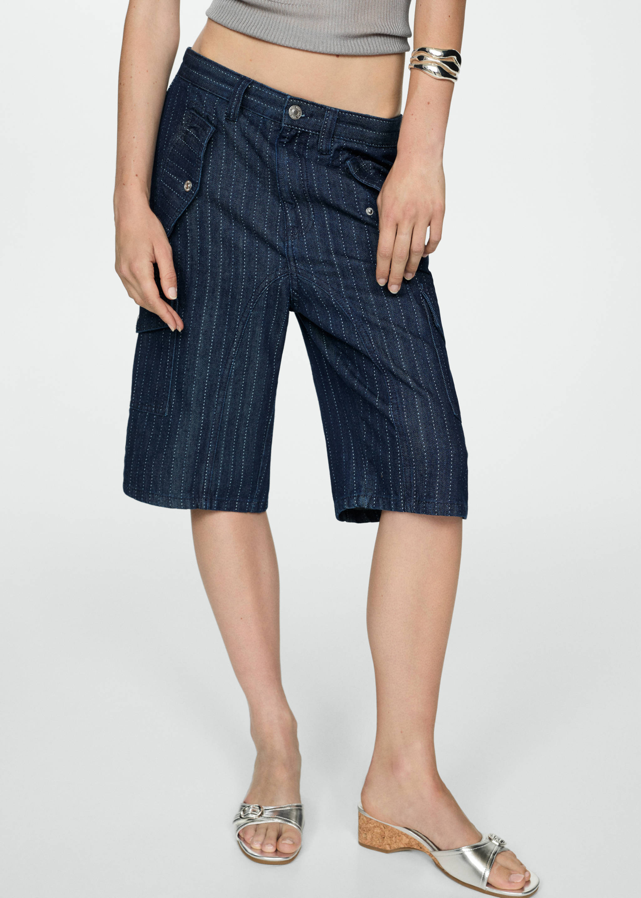 装饰性车缝牛仔布百慕大短裤 - null