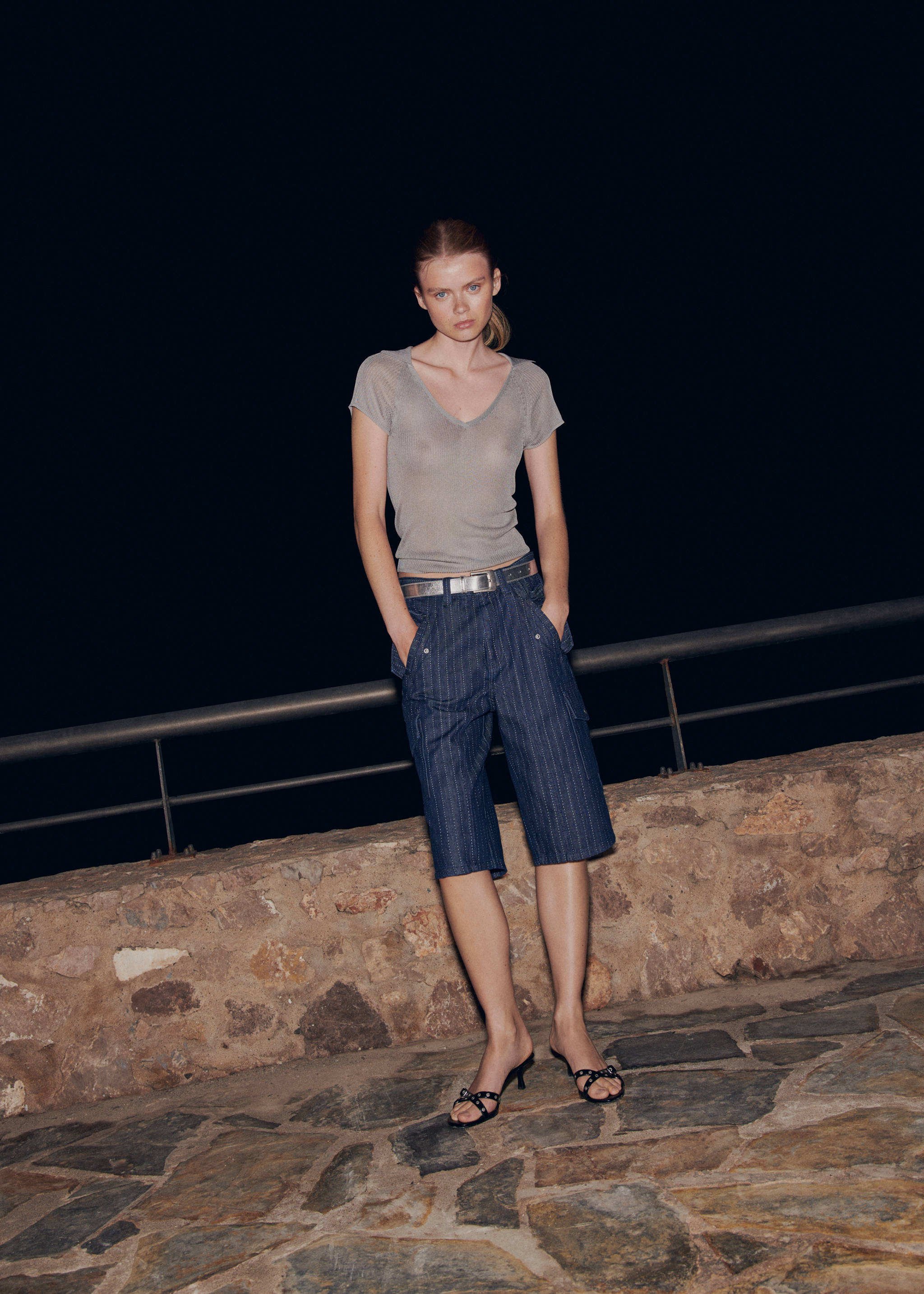 装饰性车缝牛仔布百慕大短裤 - null