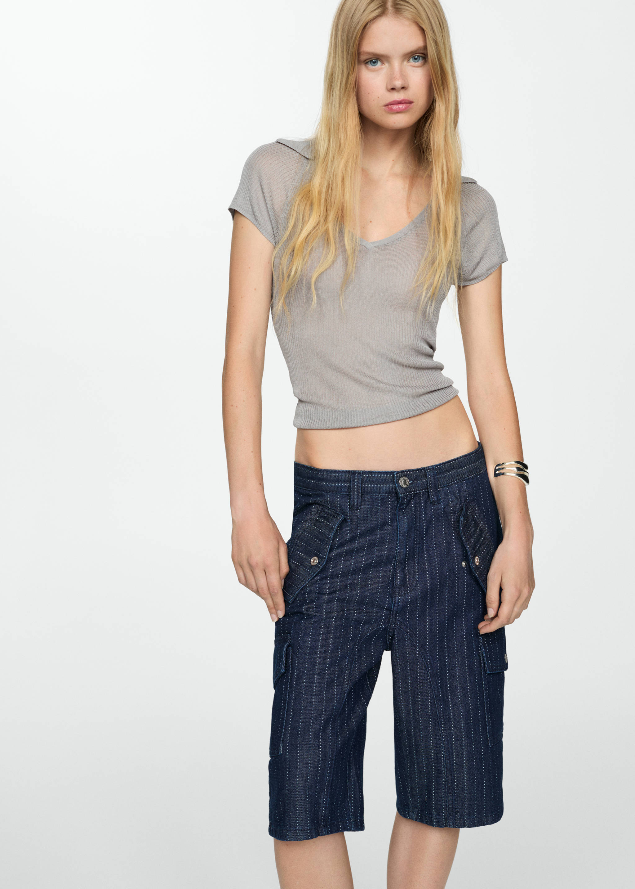 装饰性车缝牛仔布百慕大短裤 - null