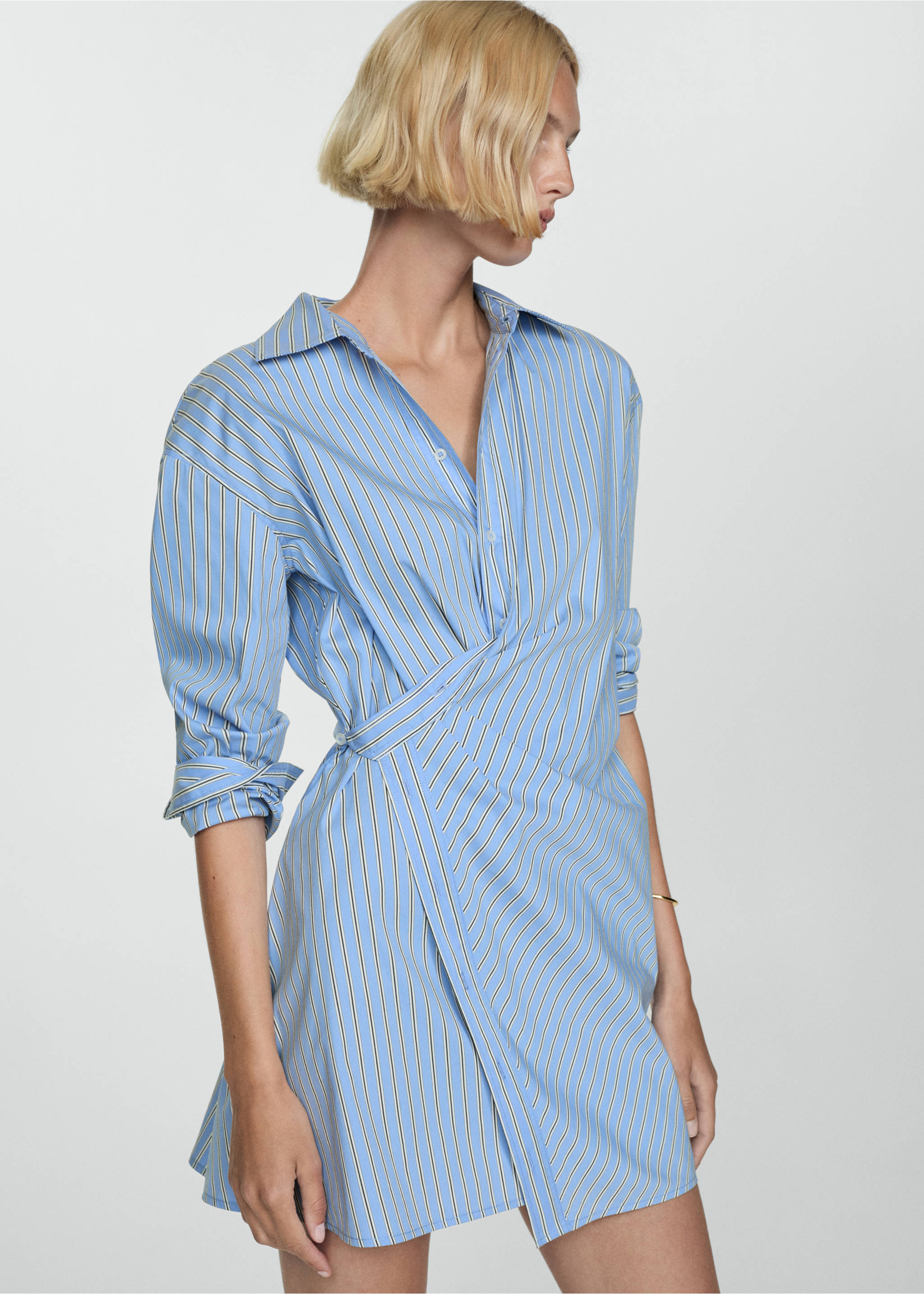 Blue and white striped wrap shirt dress with a collar and long sleeves., Blue. Ref: 77044027-00.