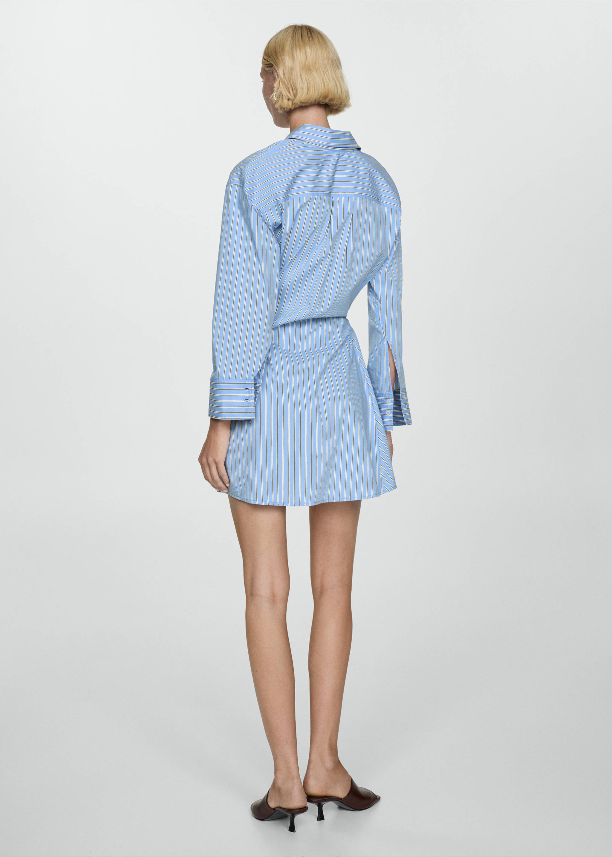 Blue striped shirt dress, shown from the back with long sleeves and a curved hem., Blue. Ref: 77044027-00.