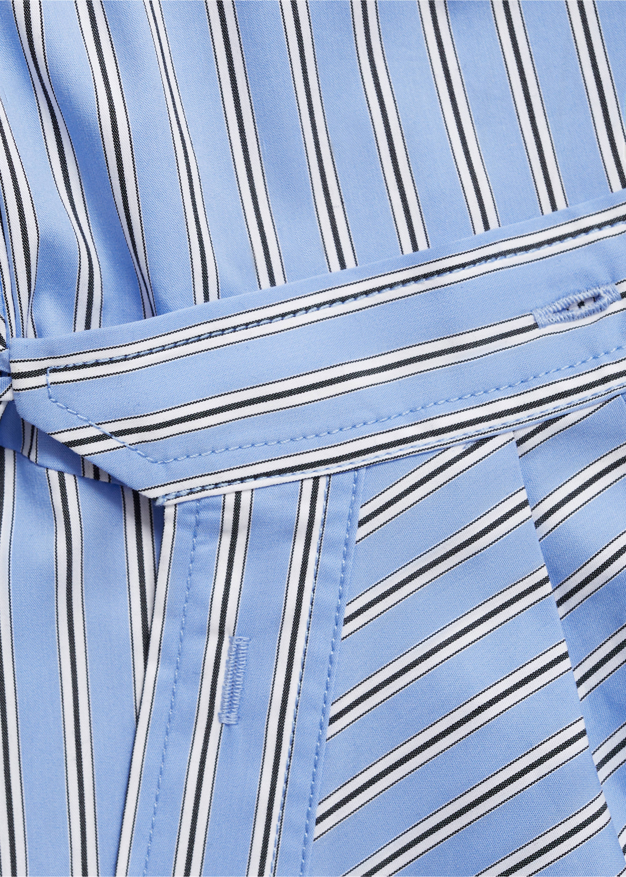Close-up of a blue and white striped dress fabric showing a belted waist detail., Blue. Ref: 77044027-00.