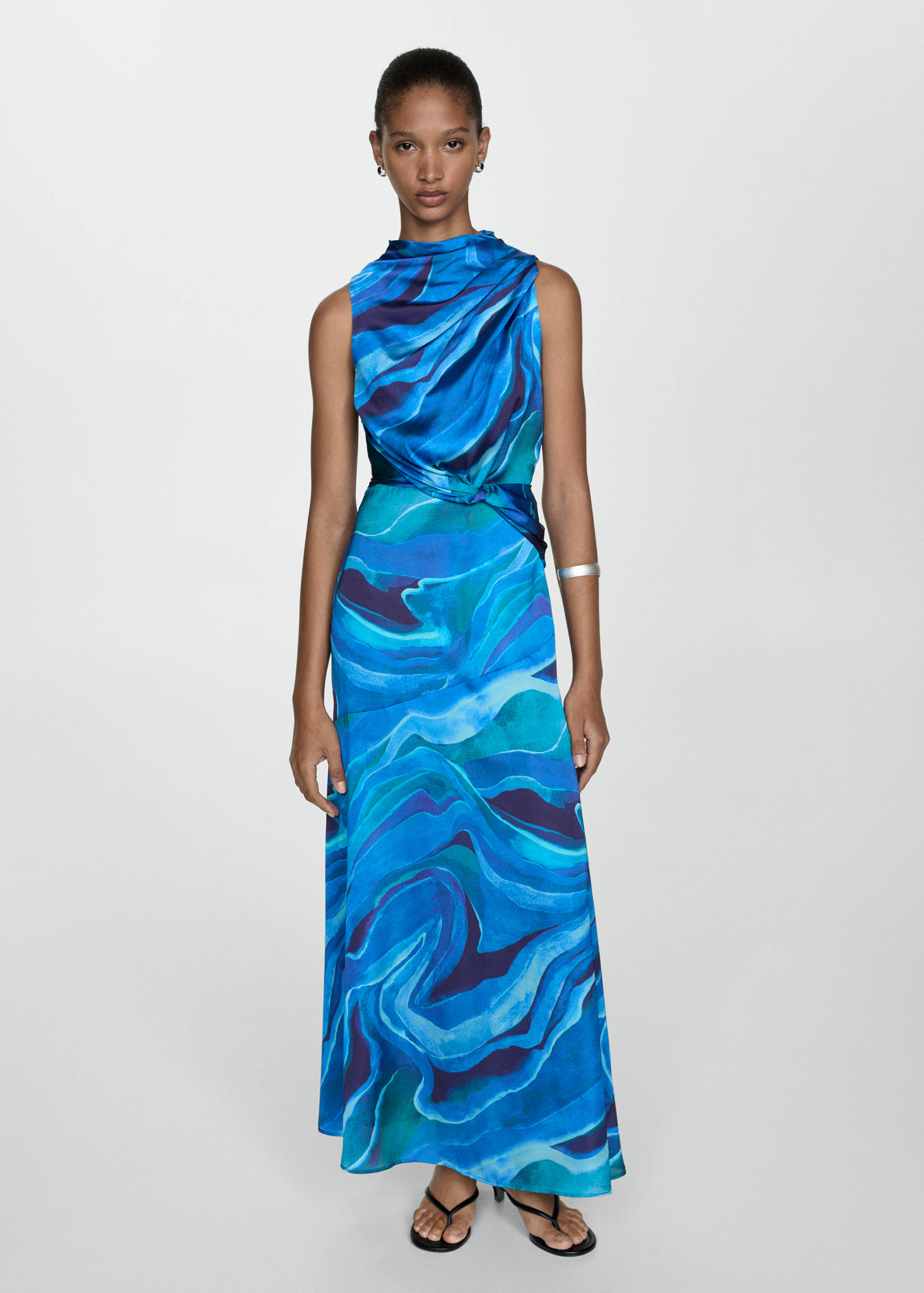 Satin printed dress with draped neck - General plane