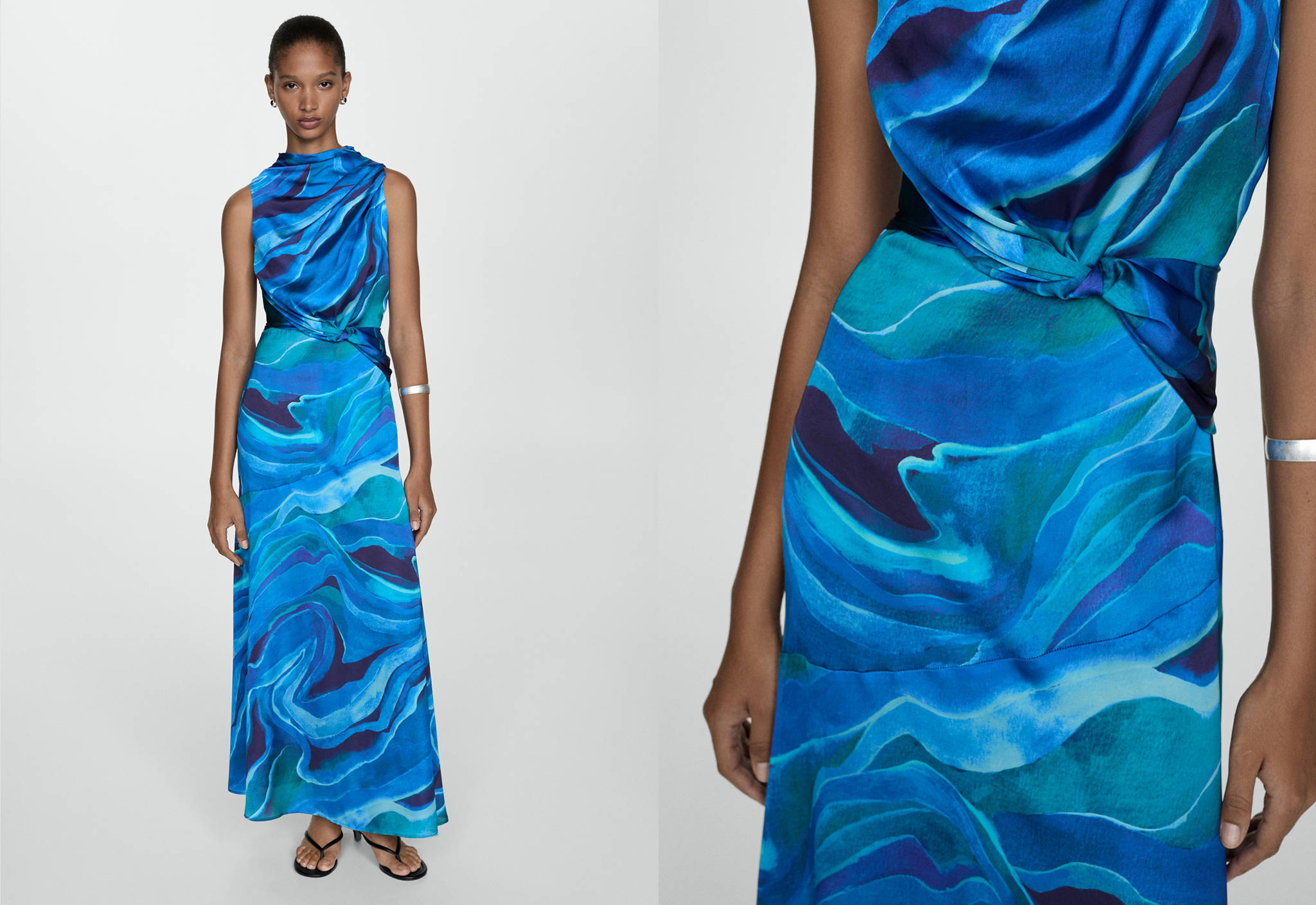 Satin printed dress with draped neck - Panoramic plane