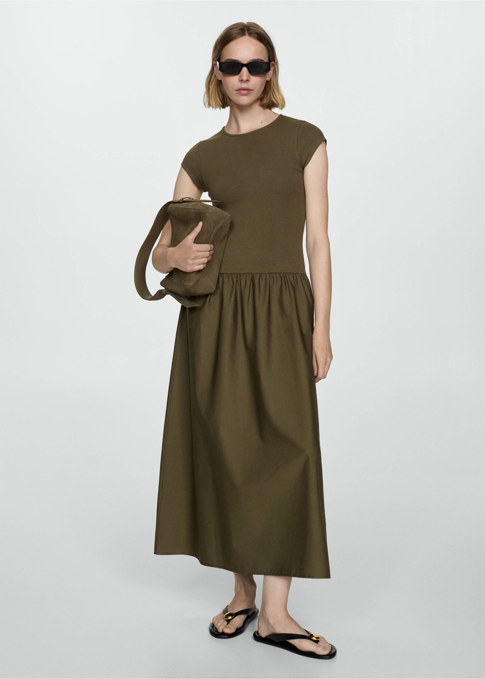 Flared dress in combined fabric - General plane, Khaki. Ref: 77044073-00.