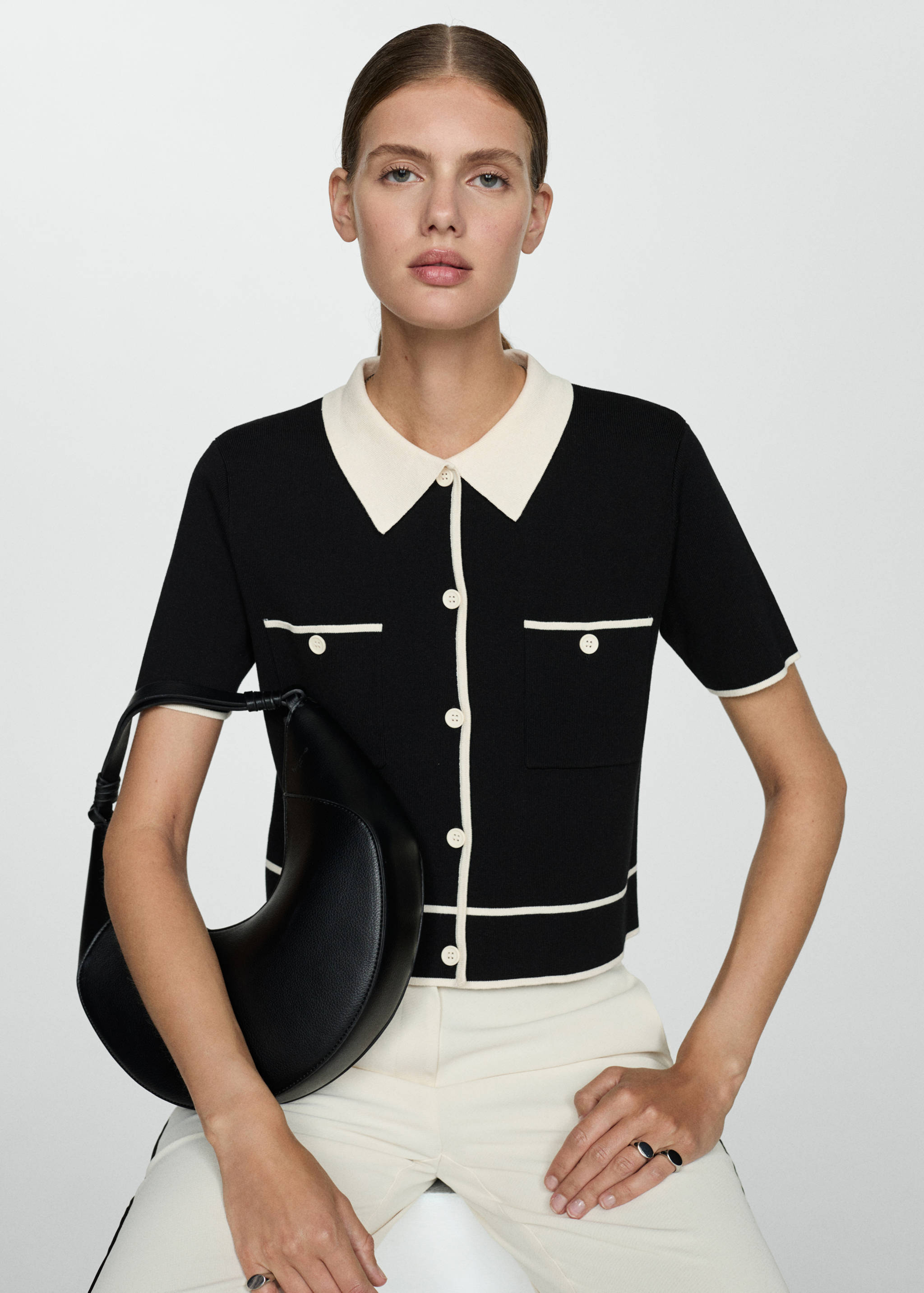 Short-sleeved cardigan with contrasting trims - Medium plane