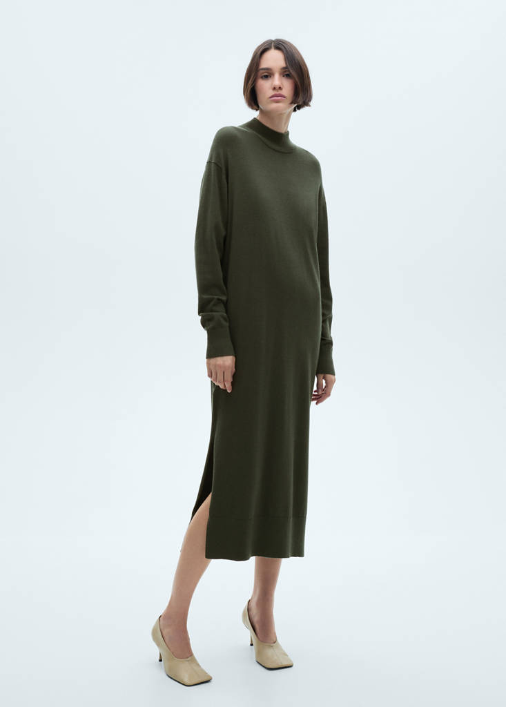 Round-neck knitted dress — Khaki