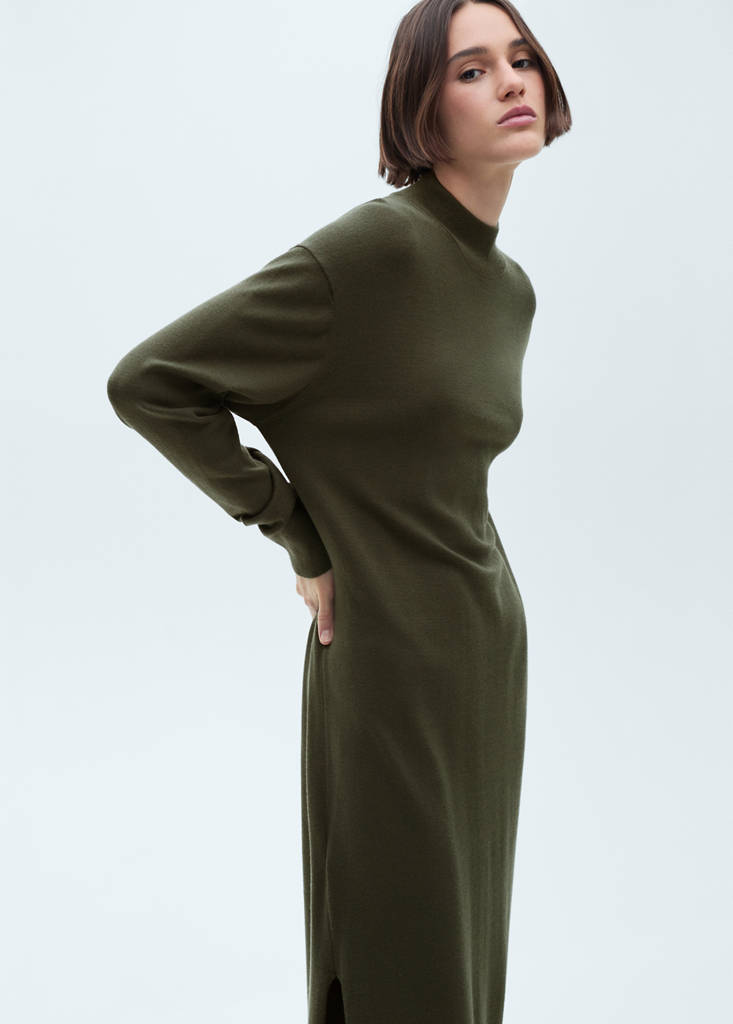 Round-neck knitted dress — Khaki