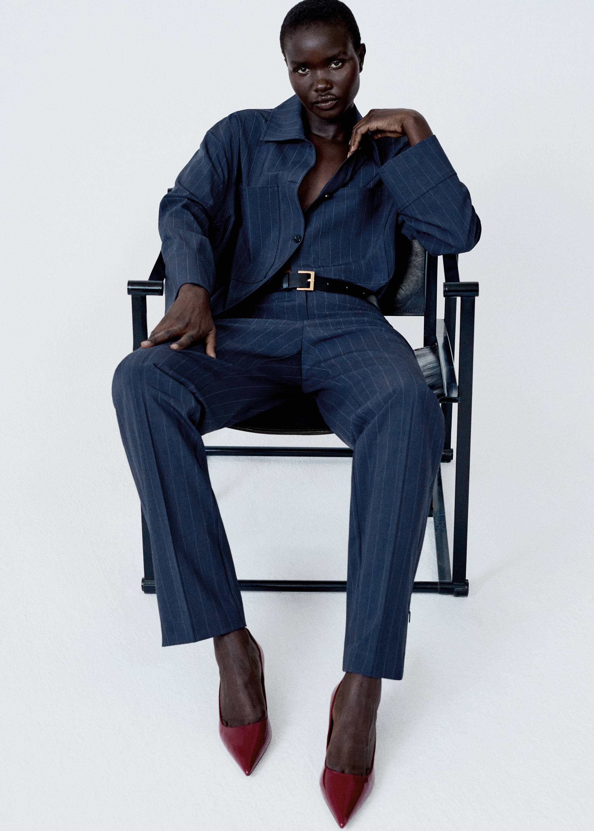 细条纹直筒裤 - null