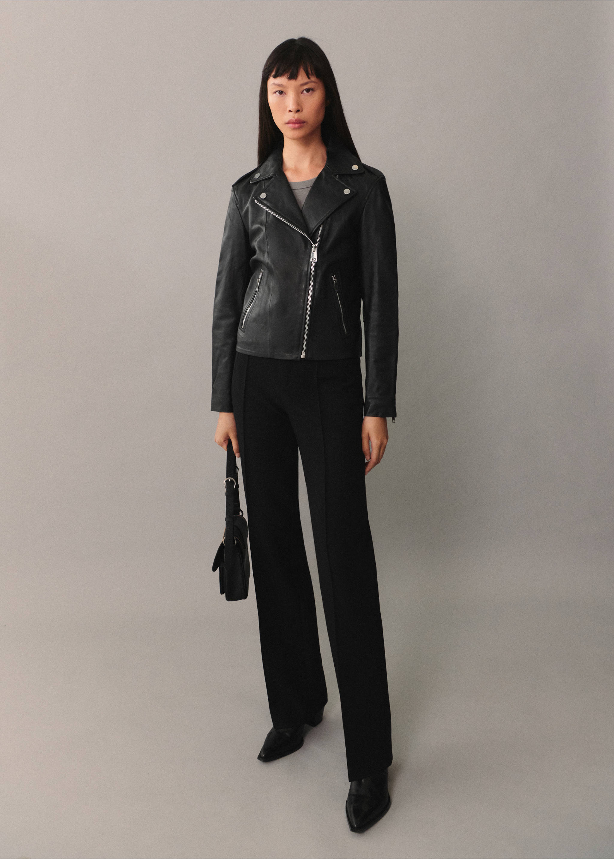Cazadora biker piel - Plano general, Negro. Ref: 77045659-00.