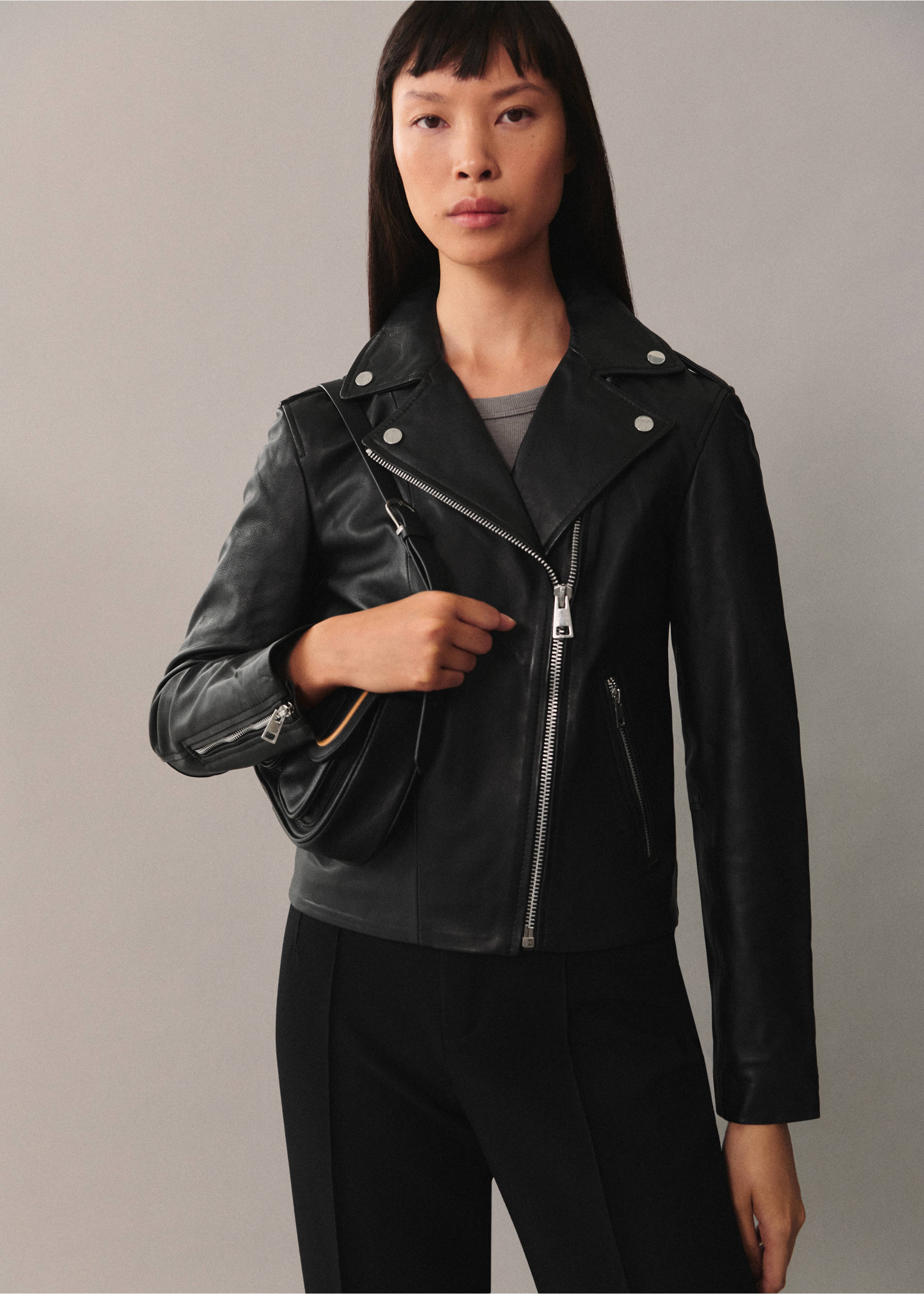 Cazadora biker piel - Plano medio, Negro. Ref: 77045659-00.