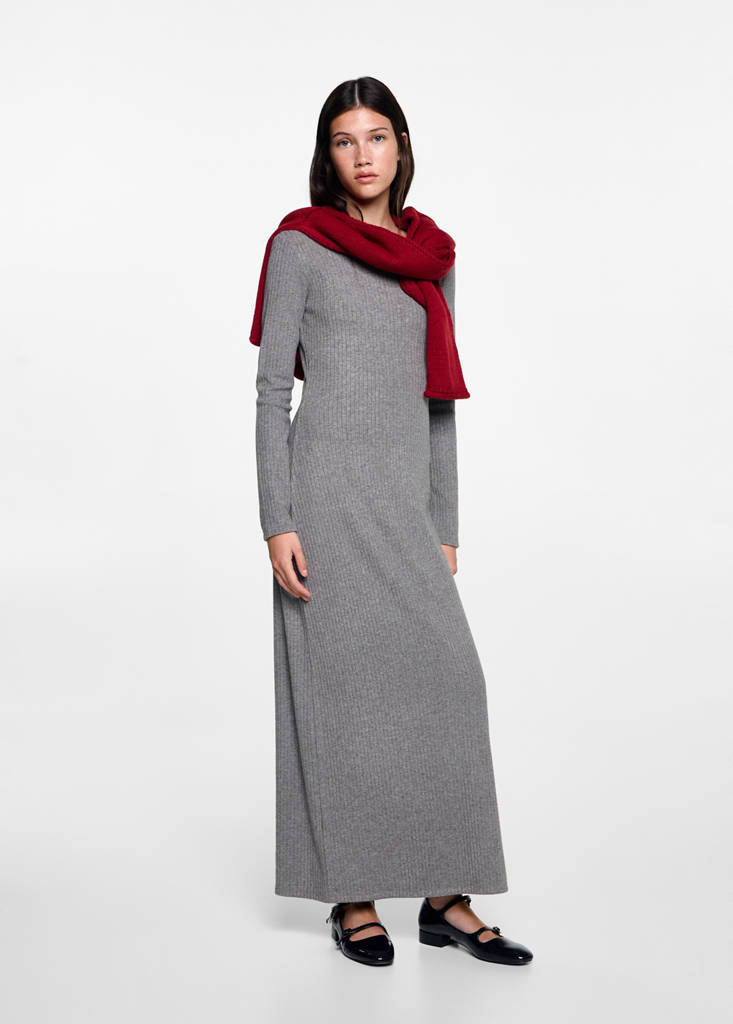 MANGO TEEN - Robe midi à bords côtelés gris chiné moyen - XS - Fille Teen